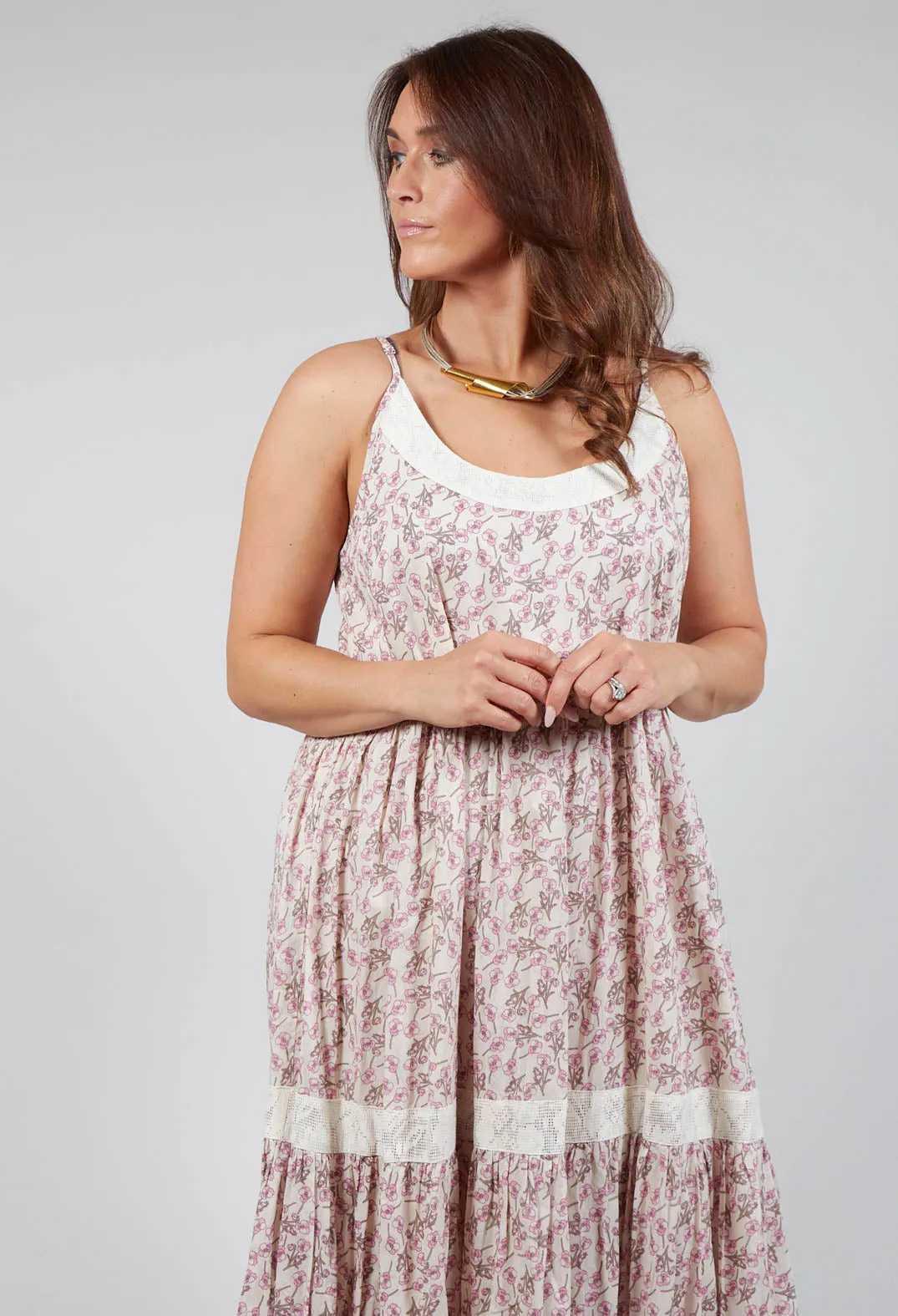 Floral Rosa Print A Line Dress with Thin Straps