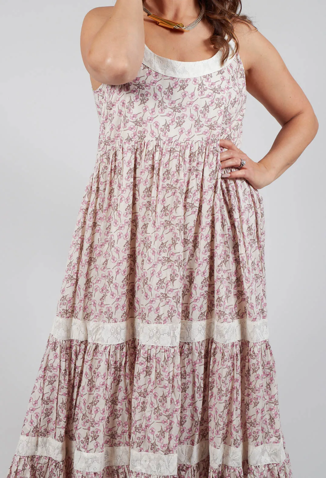 Floral Rosa Print A Line Dress with Thin Straps