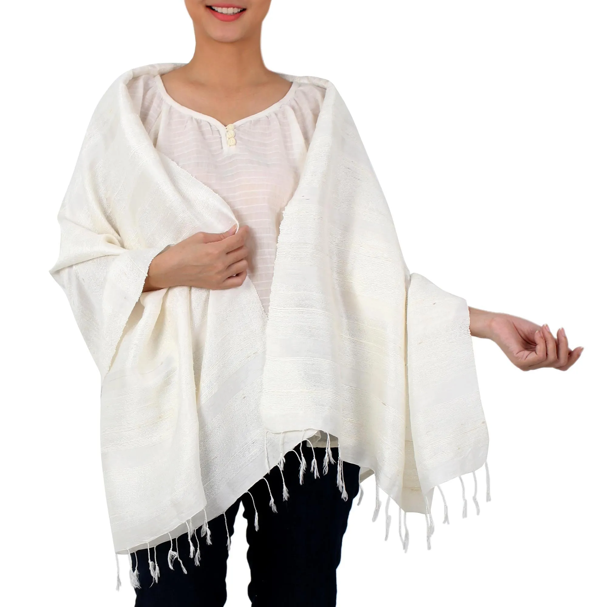 Ivory Handwoven Silk Shawl with Fringe from Thailand.