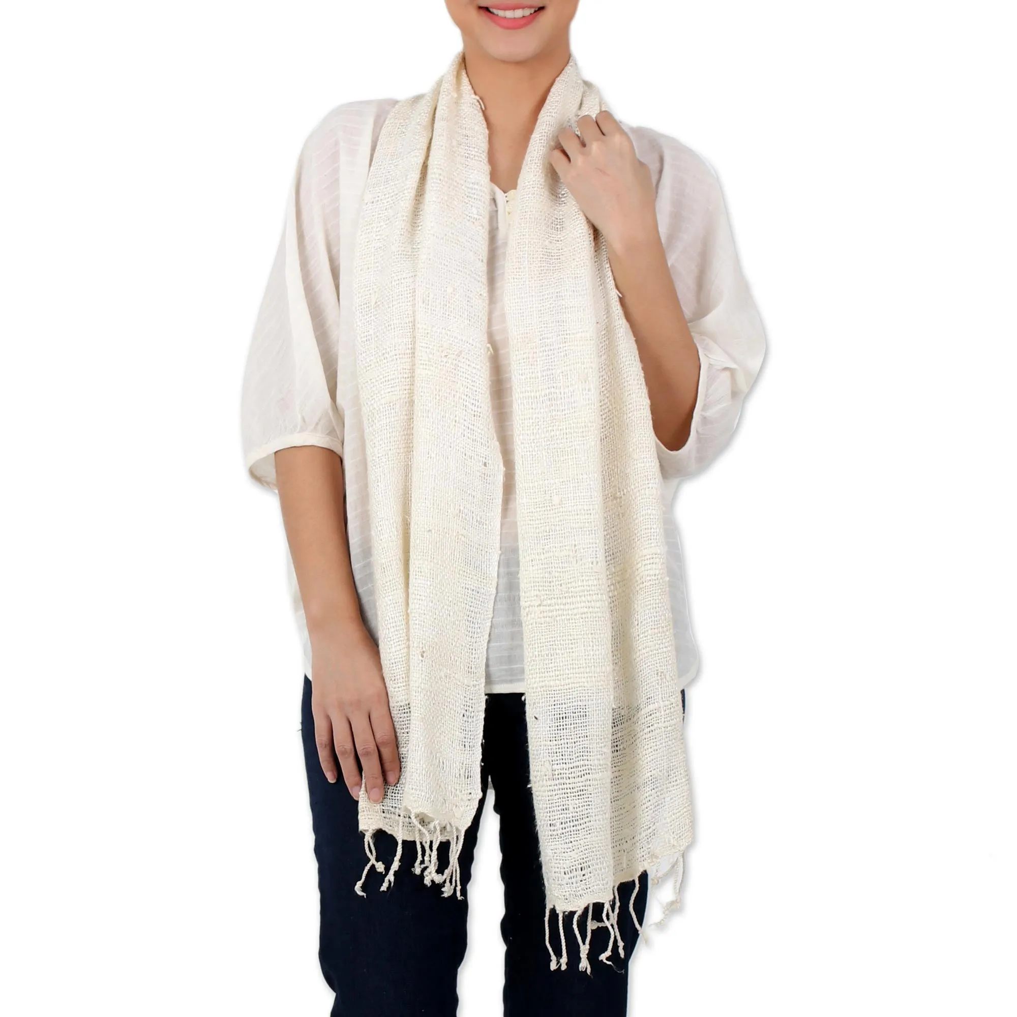 Ivory Handwoven Silk Shawl with Fringe from Thailand.