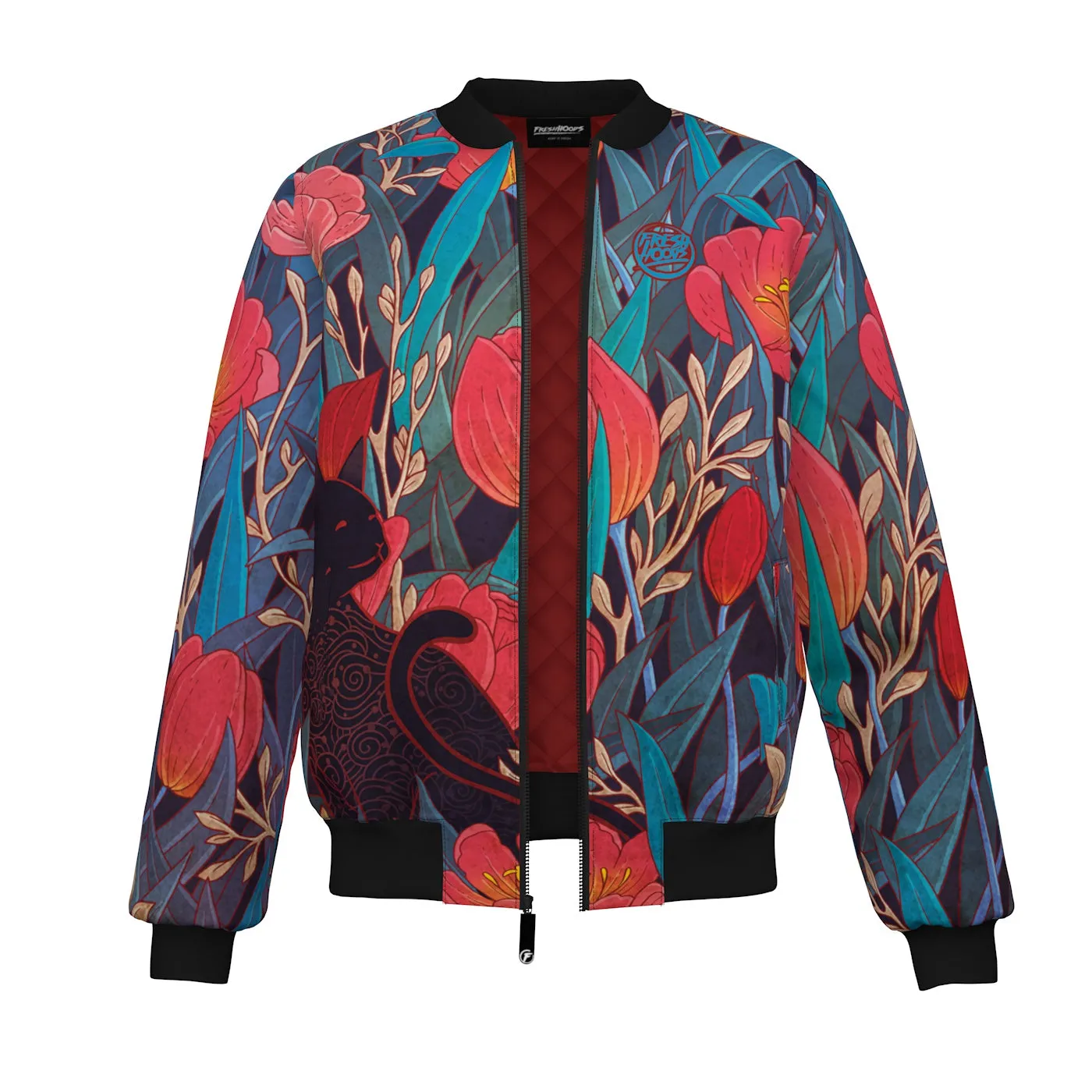 Cat Theme Black Tulip Print Bomber Jacket