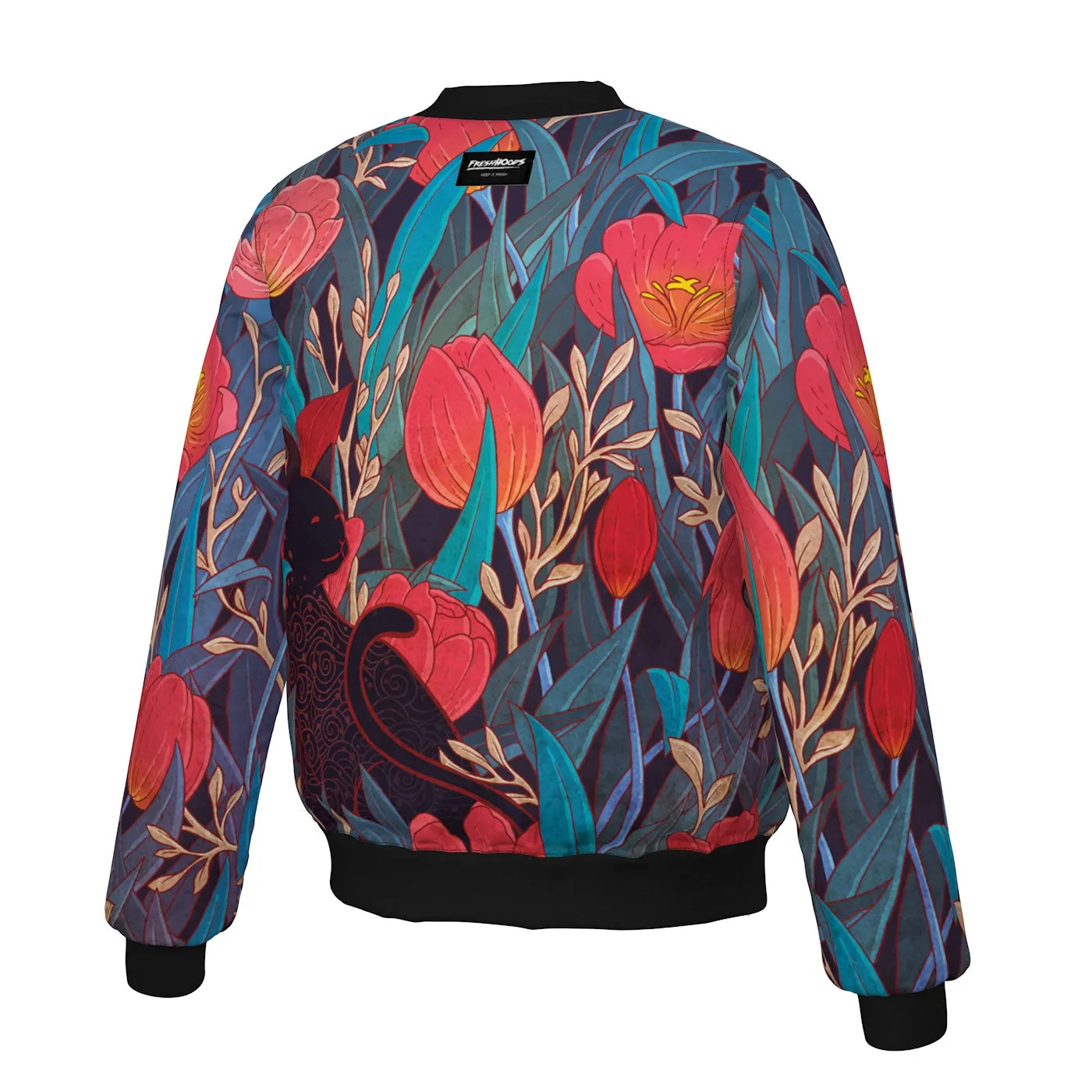 Cat Theme Black Tulip Print Bomber Jacket