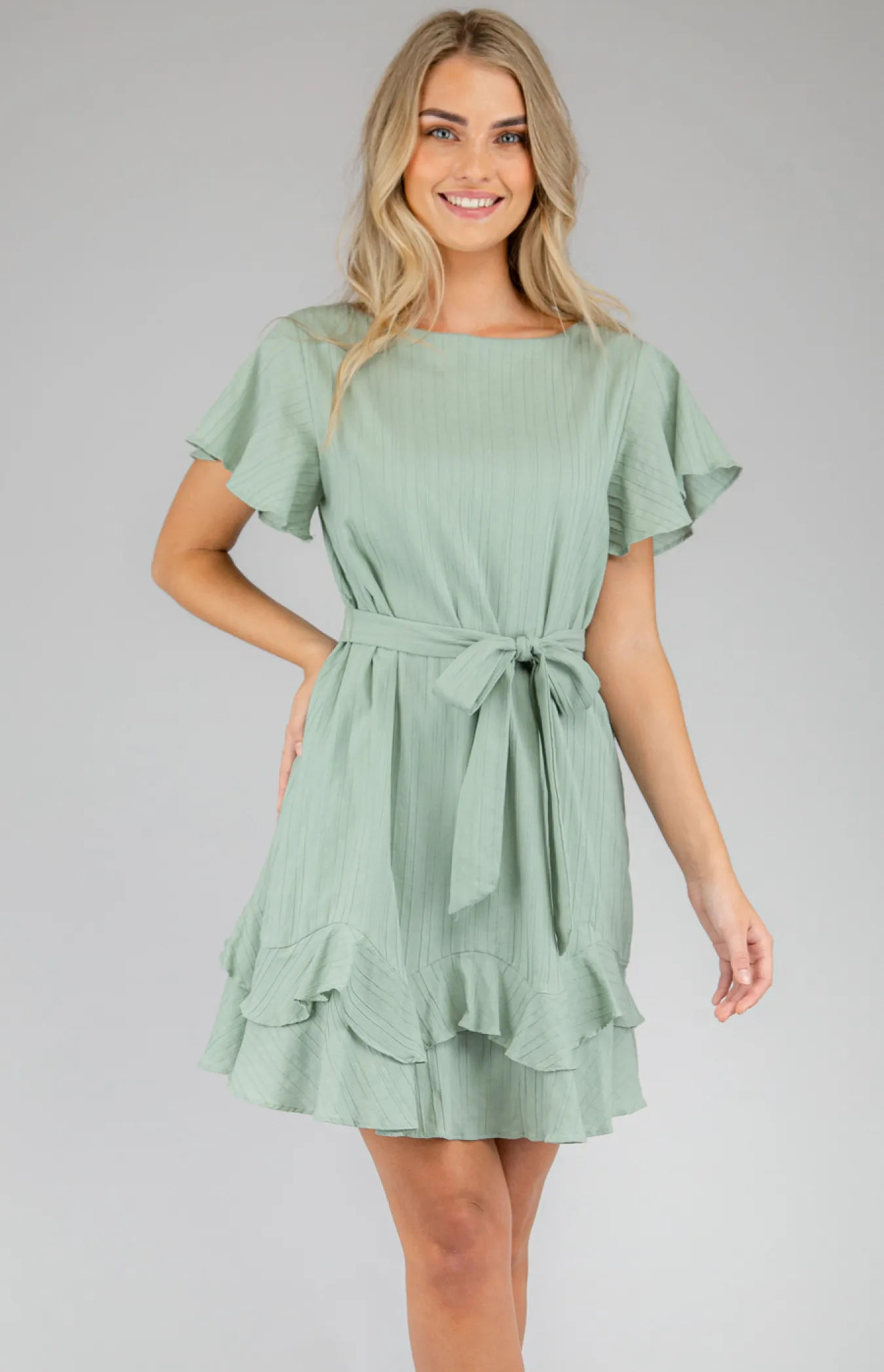 Boat Neck Dress with Ruffle Sleeves