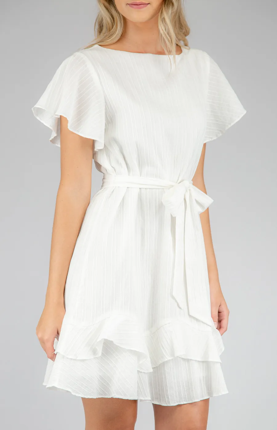 Boat Neck Dress with Ruffle Sleeves