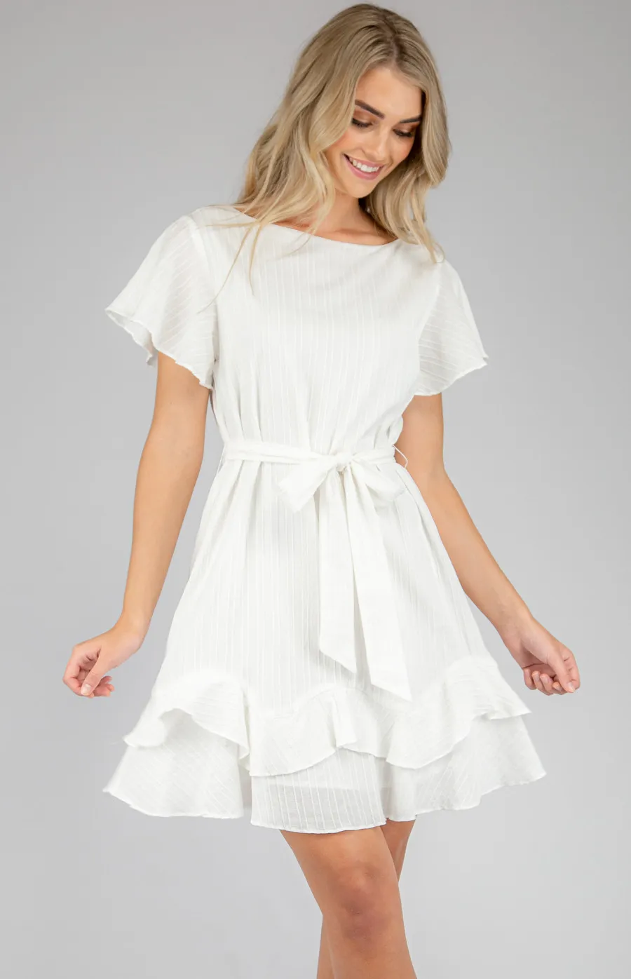 Boat Neck Dress with Ruffle Sleeves