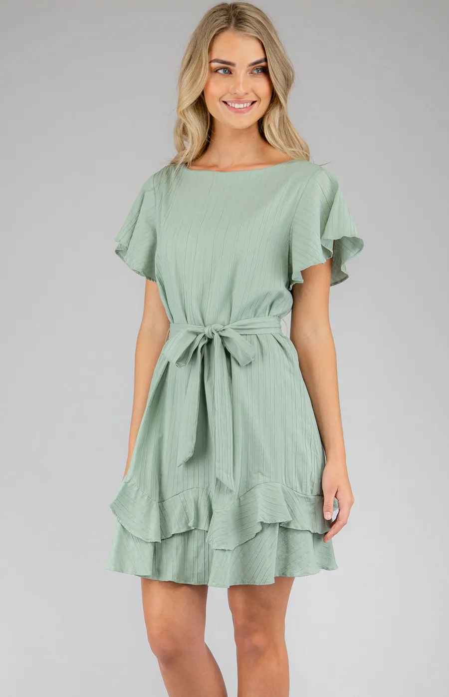 Boat Neck Dress with Ruffle Sleeves