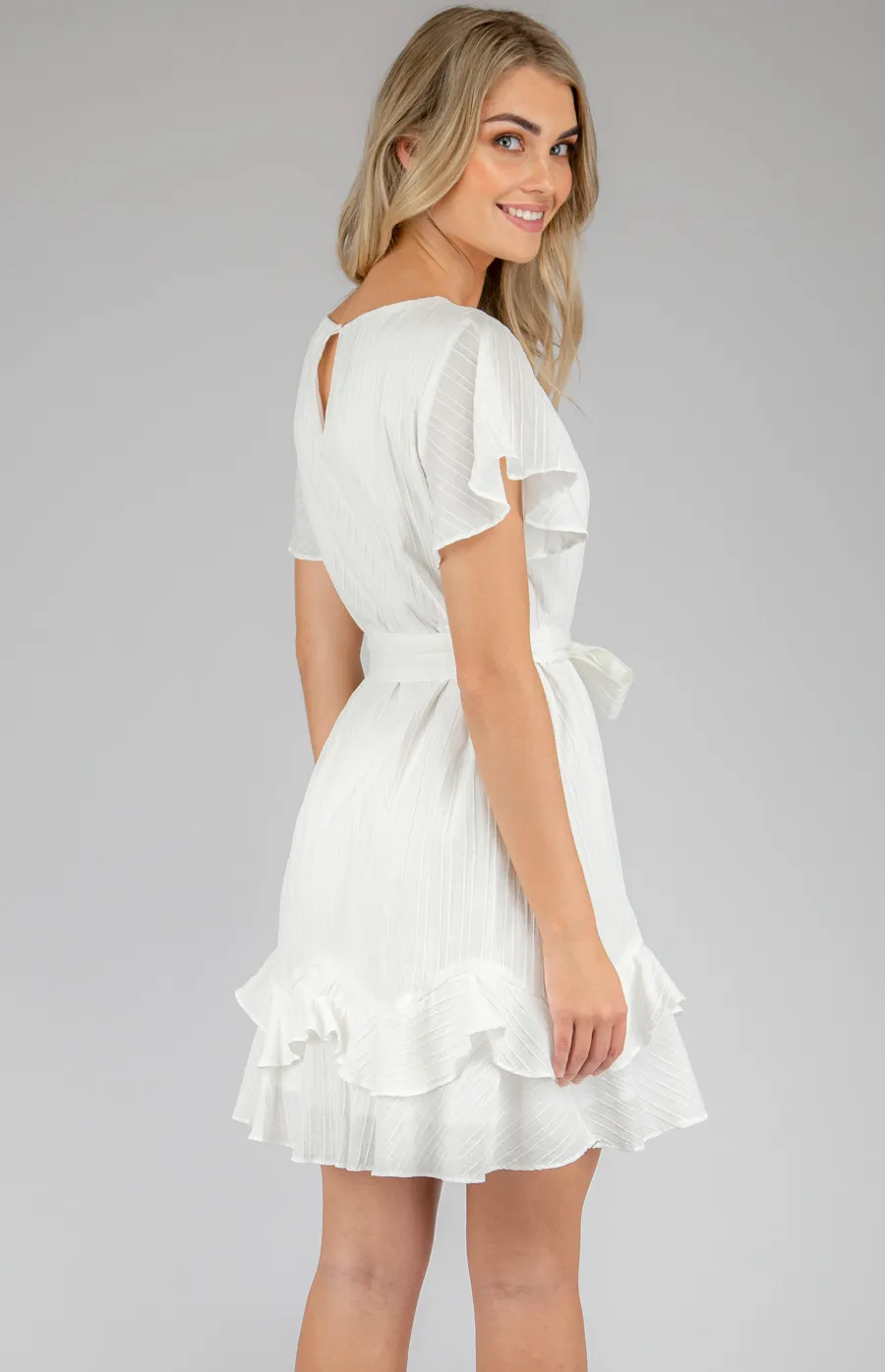 Boat Neck Dress with Ruffle Sleeves