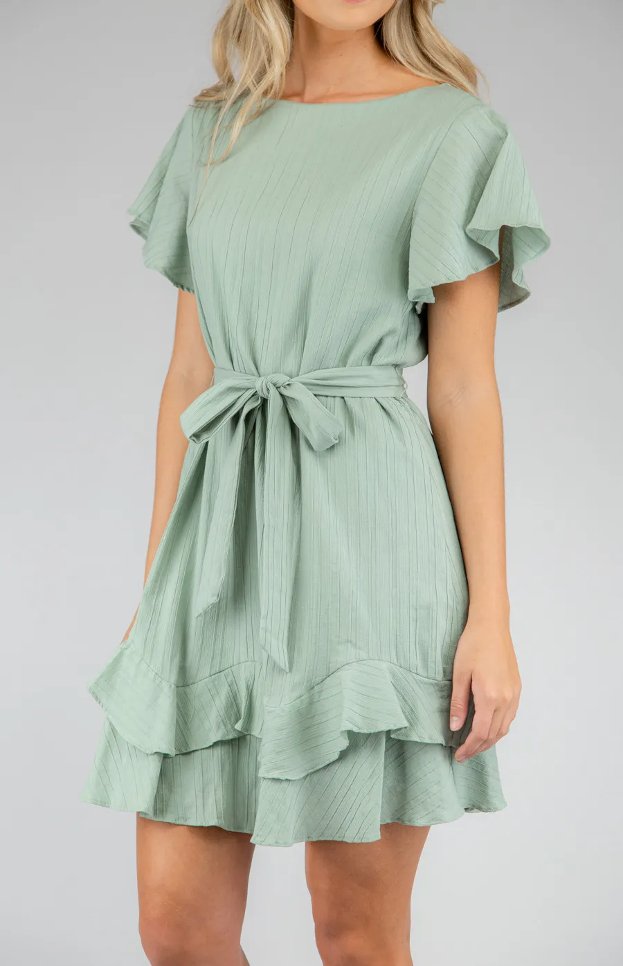 Boat Neck Dress with Ruffle Sleeves