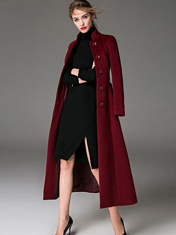 Burgundy Sash Wool Blend Winter Coat for Women