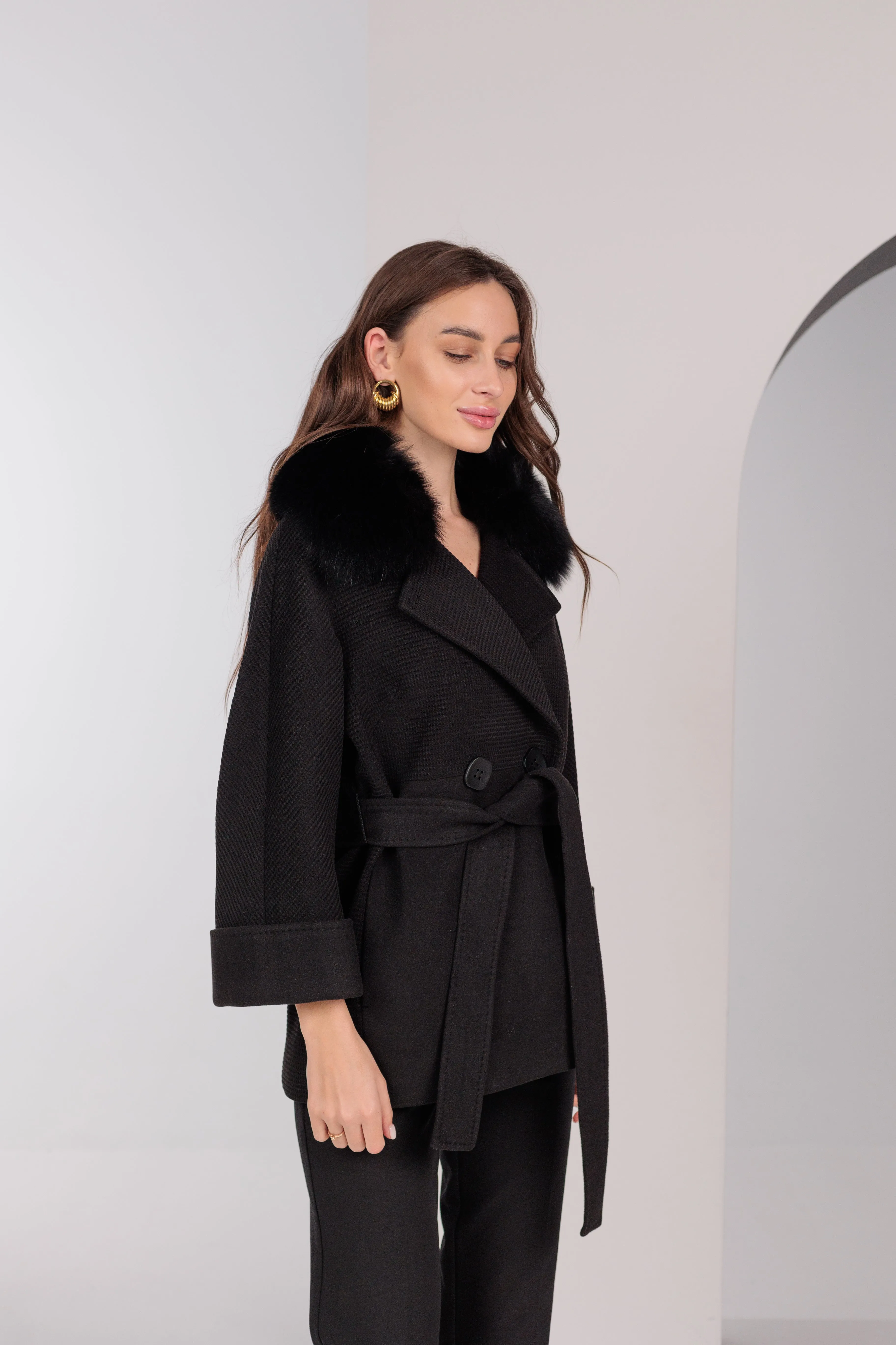 Chic Polar Fox Cashmere Wool Coat