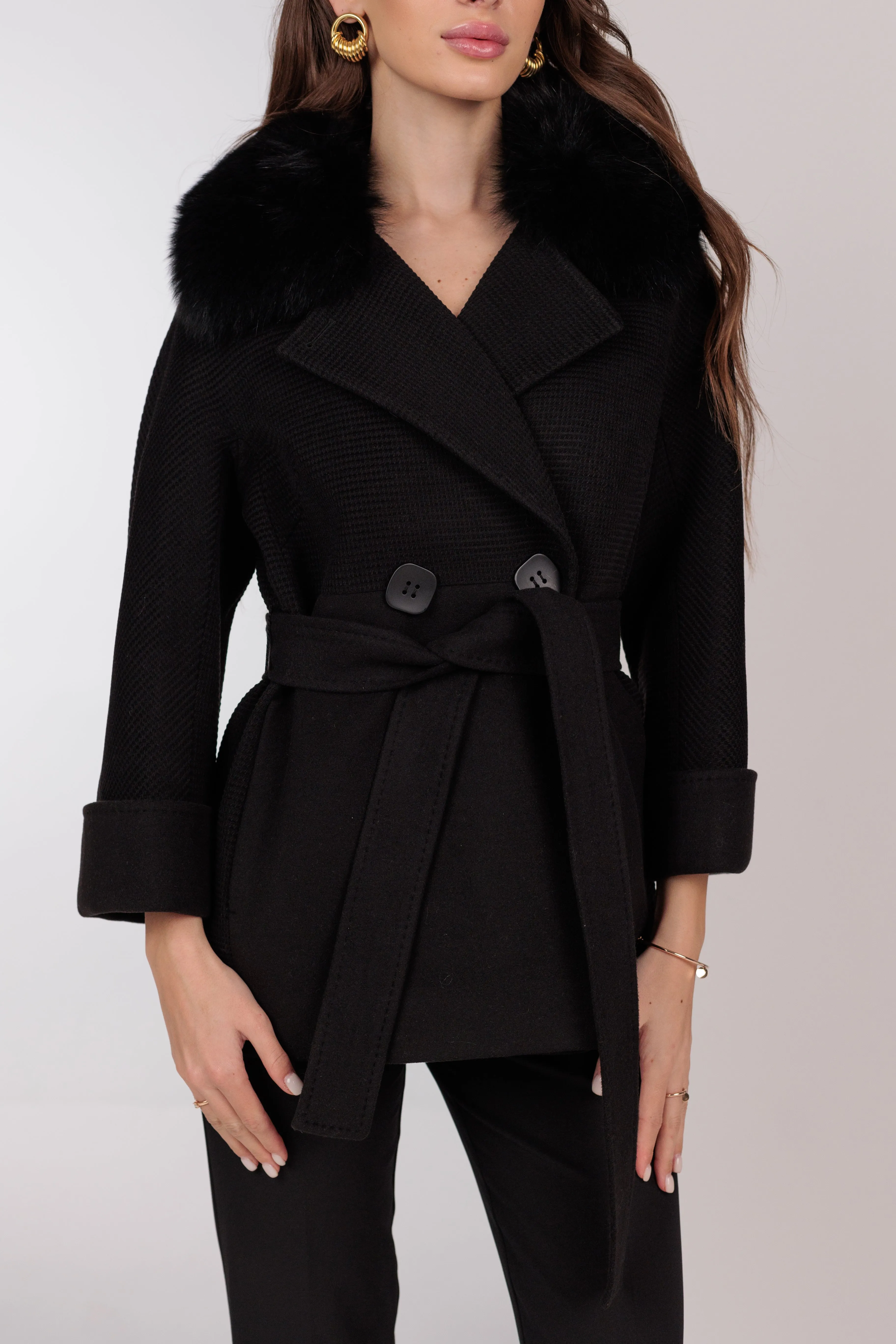 Chic Polar Fox Cashmere Wool Coat