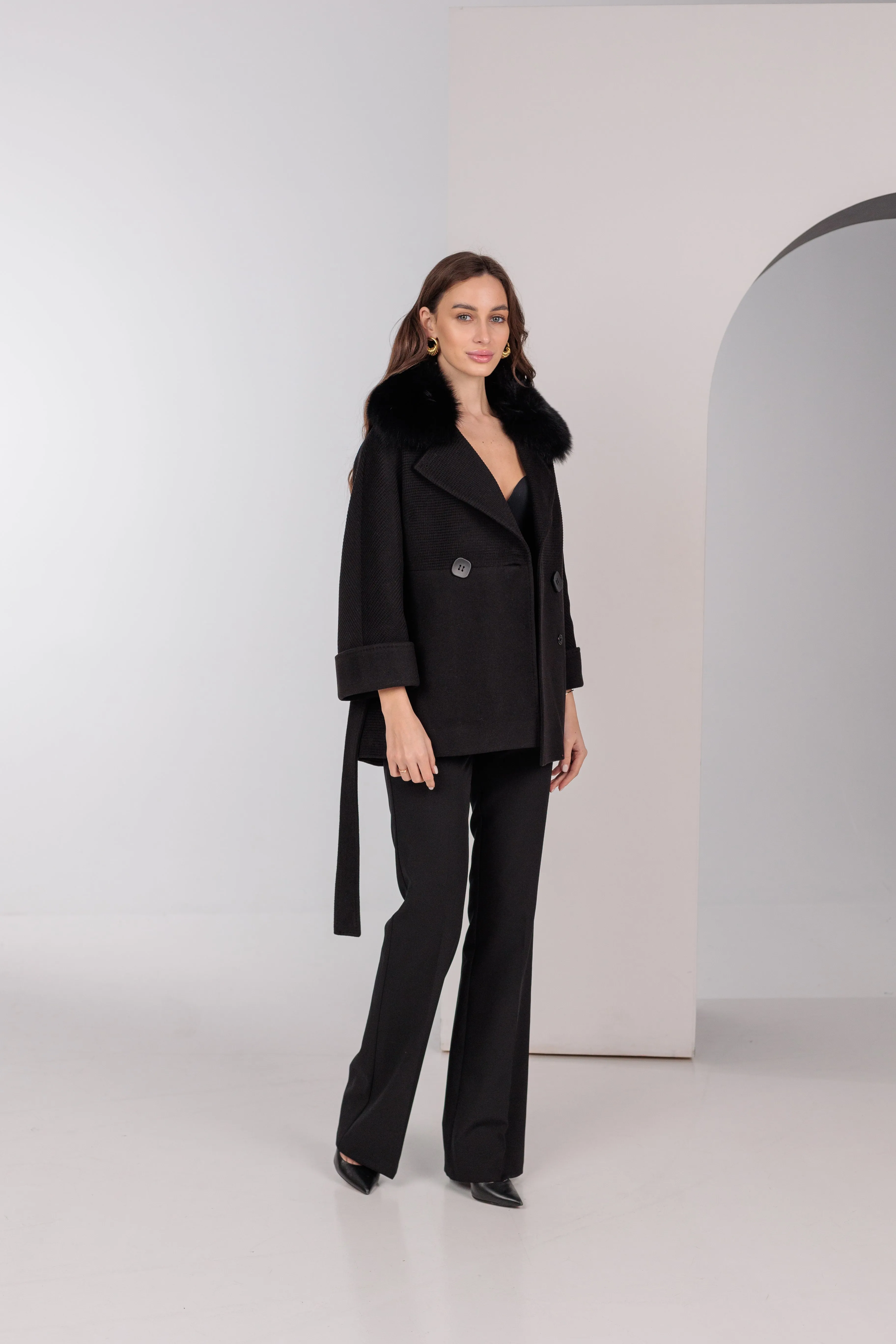 Chic Polar Fox Cashmere Wool Coat