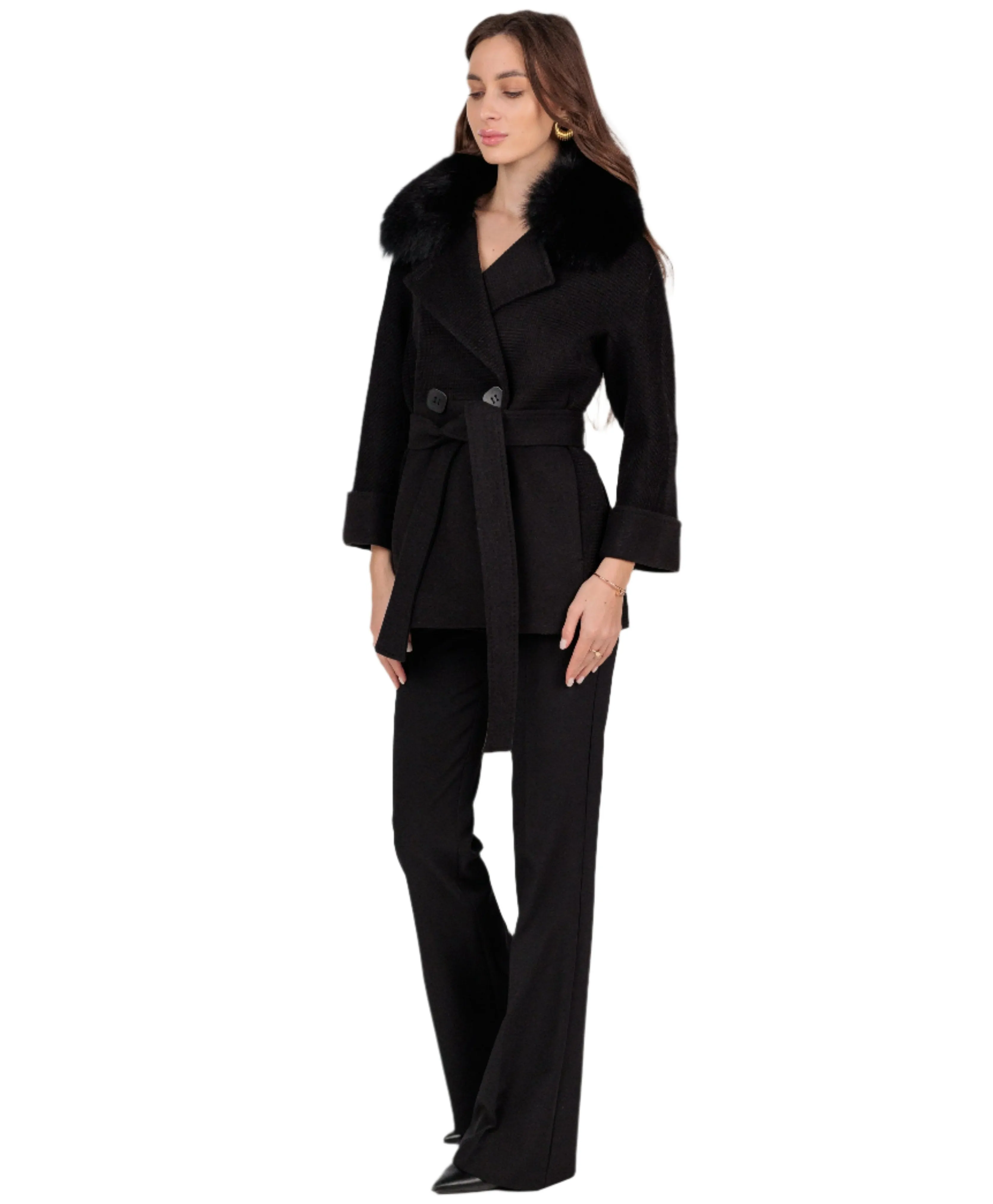 Chic Polar Fox Cashmere Wool Coat