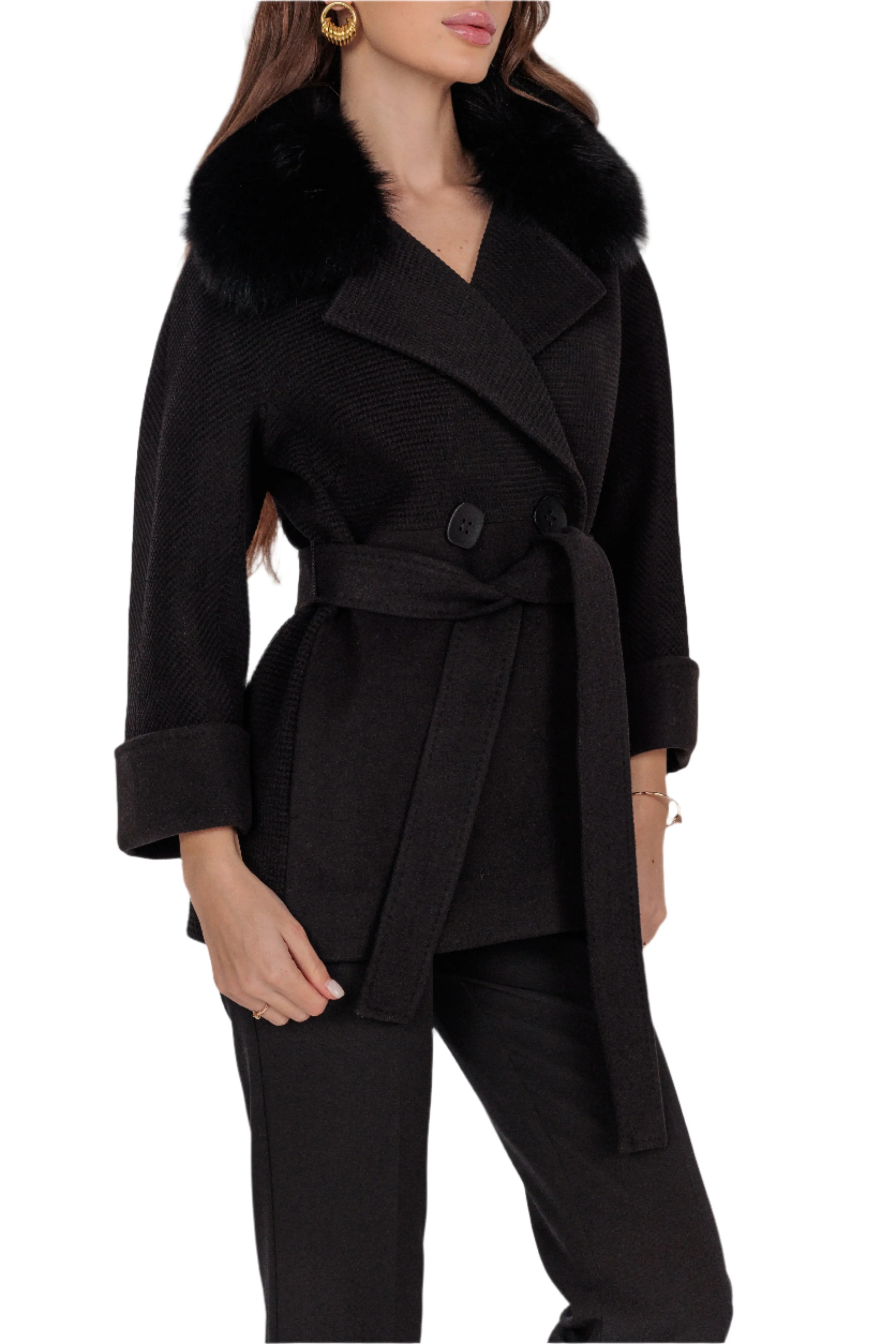 Chic Polar Fox Cashmere Wool Coat