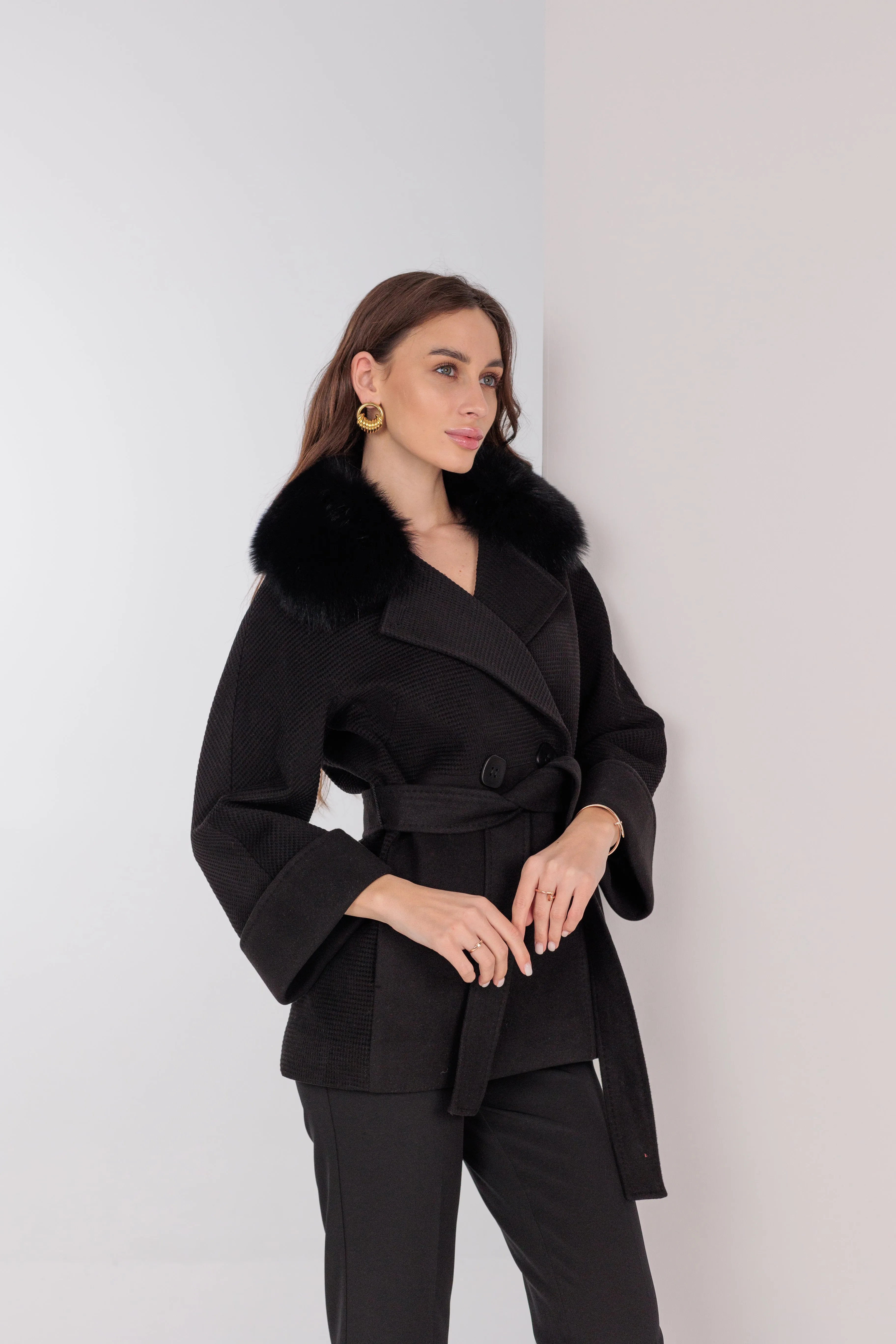 Chic Polar Fox Cashmere Wool Coat