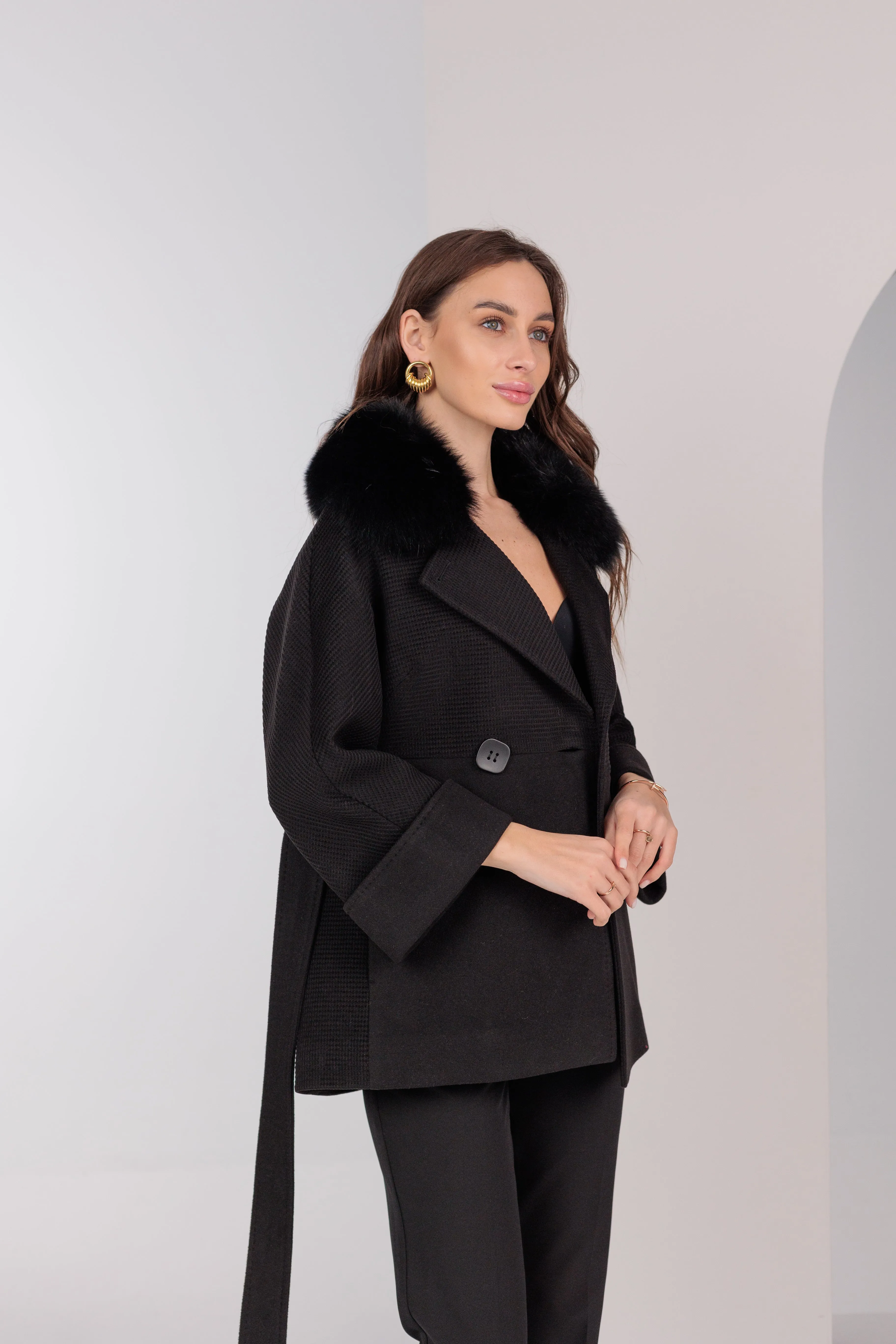 Chic Polar Fox Cashmere Wool Coat