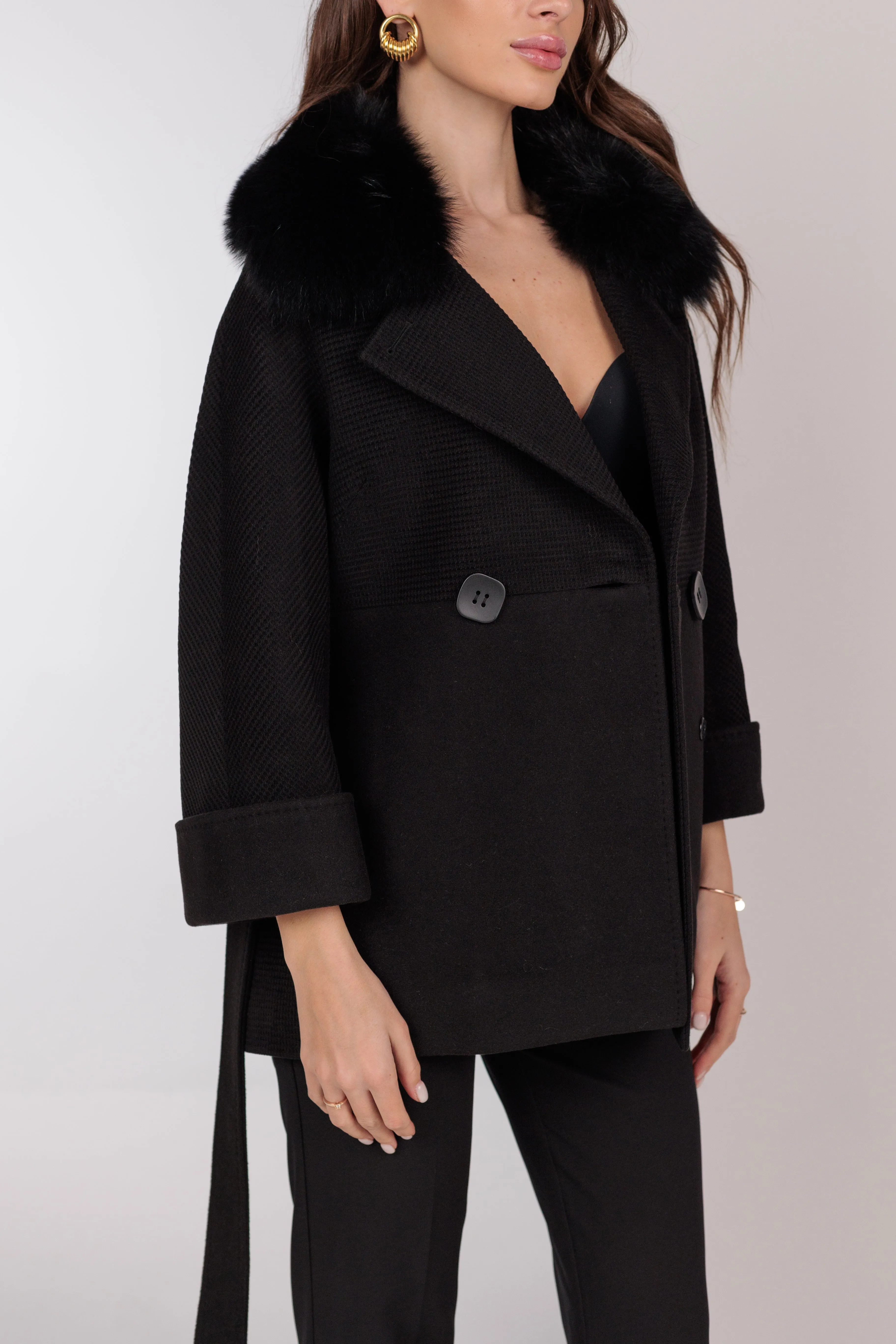 Chic Polar Fox Cashmere Wool Coat