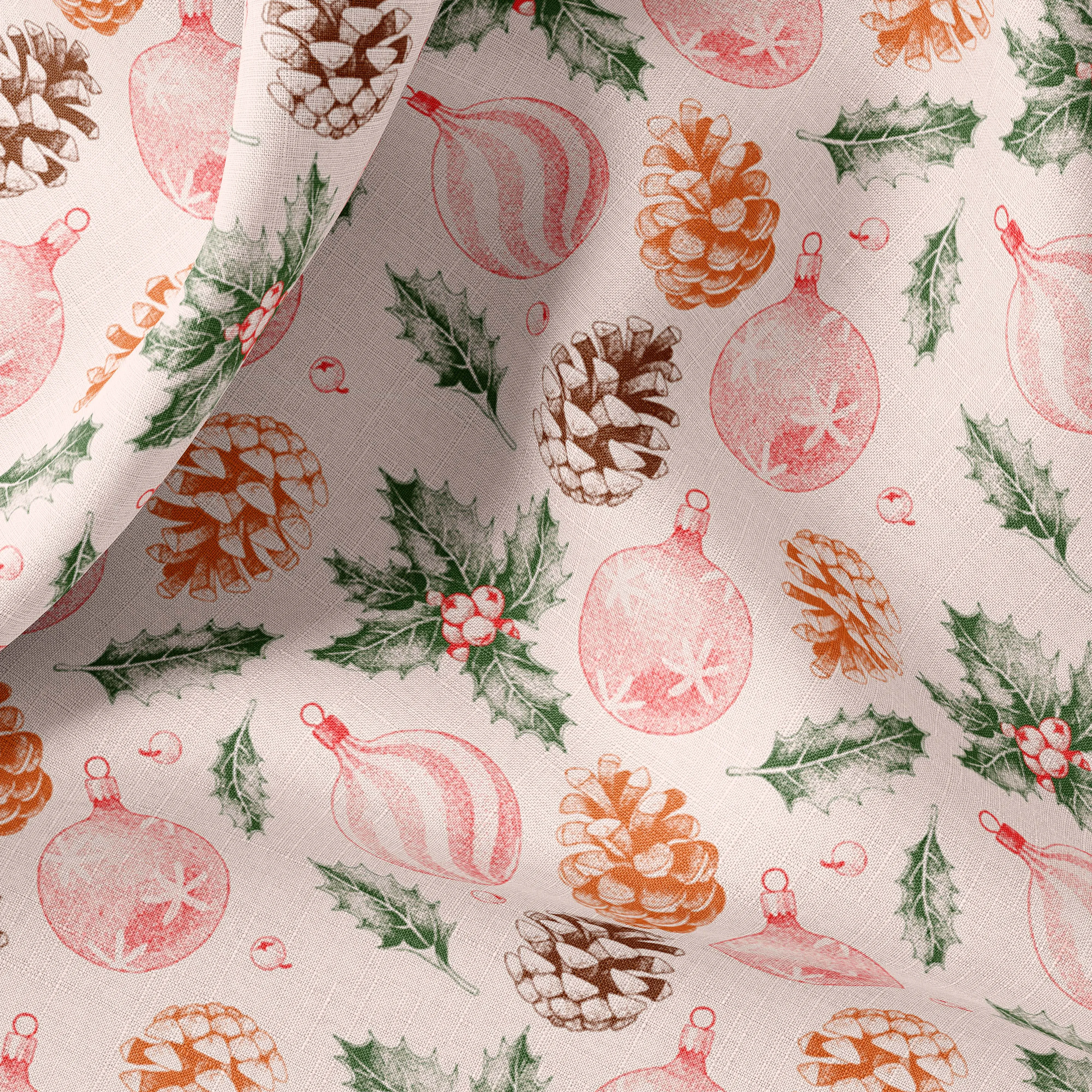 Retro Christmas Print Linen Fabric for Bedding, Curtains, Clothing, and Upholstery - Sold by Yard or Meter.