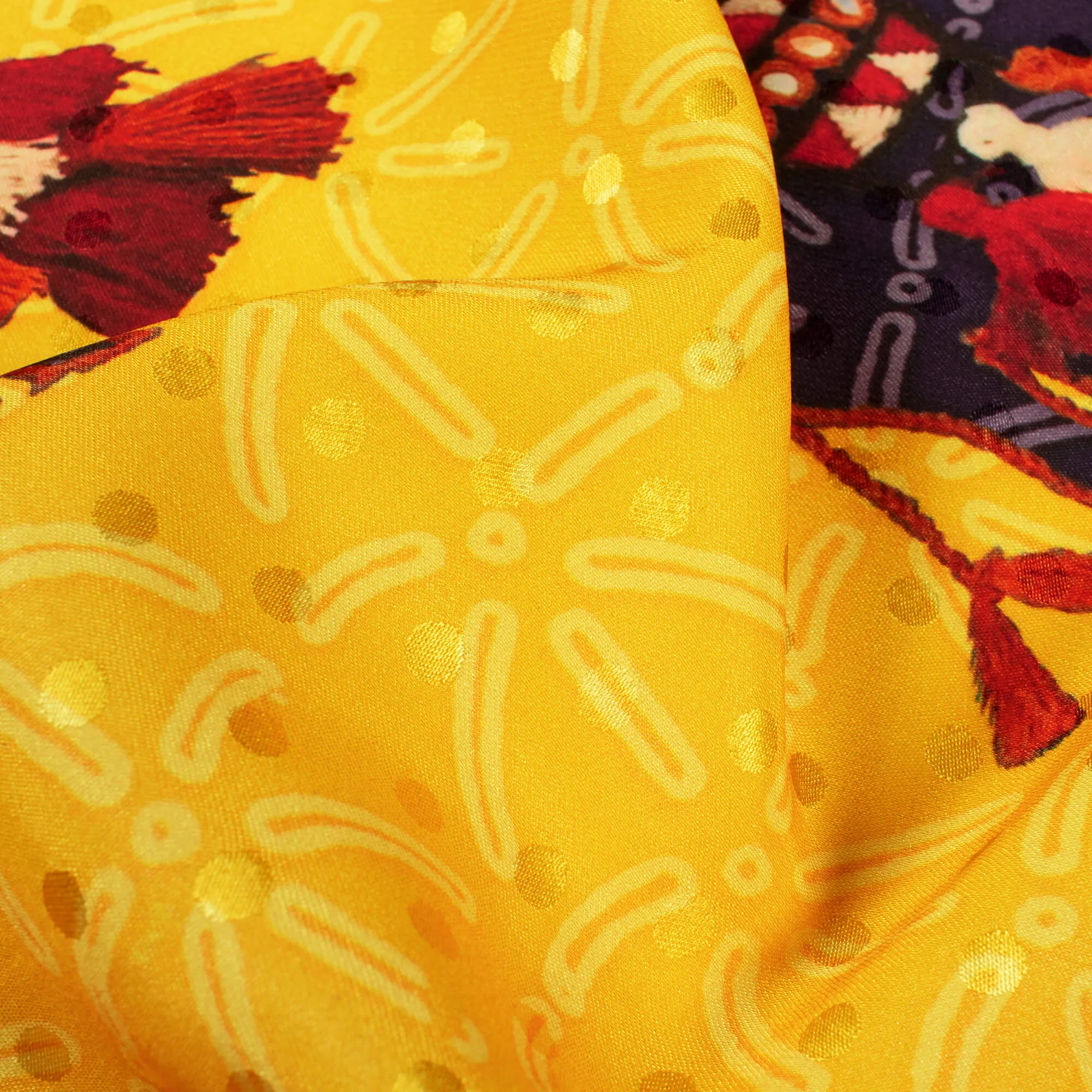 Cyber Yellow Brown Gamthi Pattern Digital Print Jacquard Booti Japan Satin Fabric 56 Inches Width