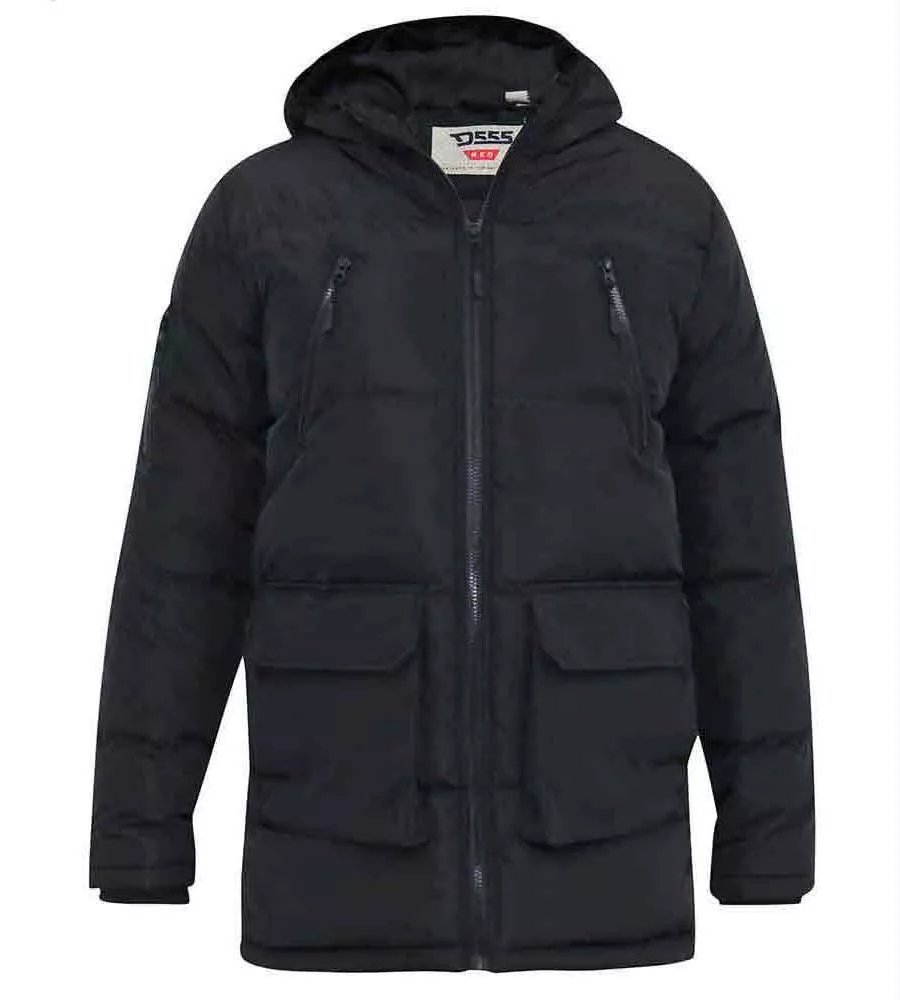 Big Mens Black Quilted Parka Jacket With Zip Off Hood (CLAYDON) by D555