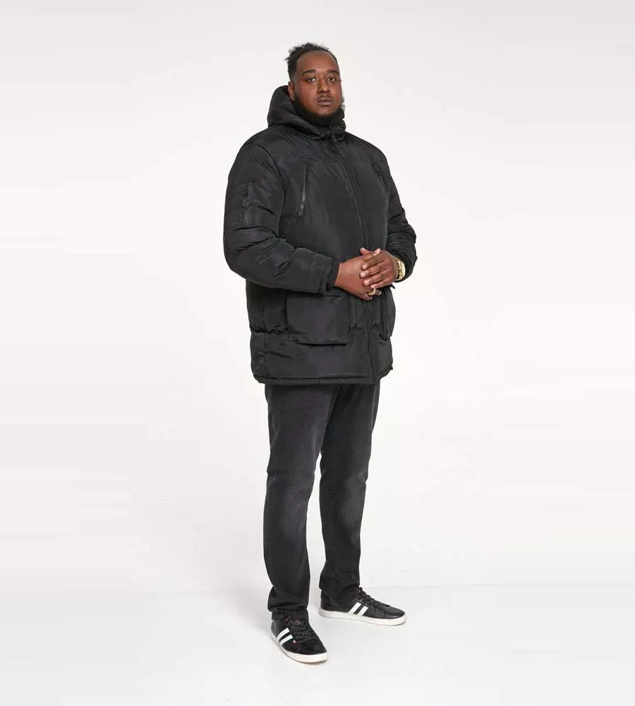 Big Mens Black Quilted Parka Jacket With Zip Off Hood (CLAYDON) by D555