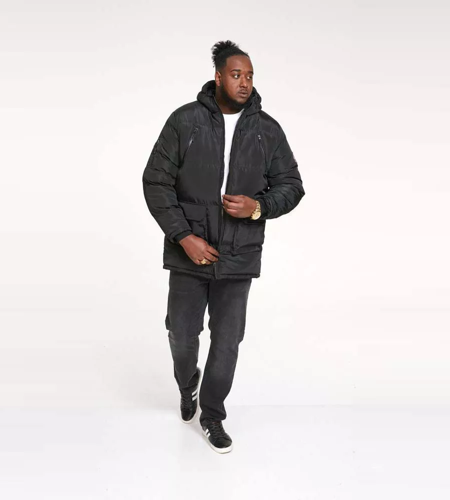 Big Mens Black Quilted Parka Jacket With Zip Off Hood (CLAYDON) by D555