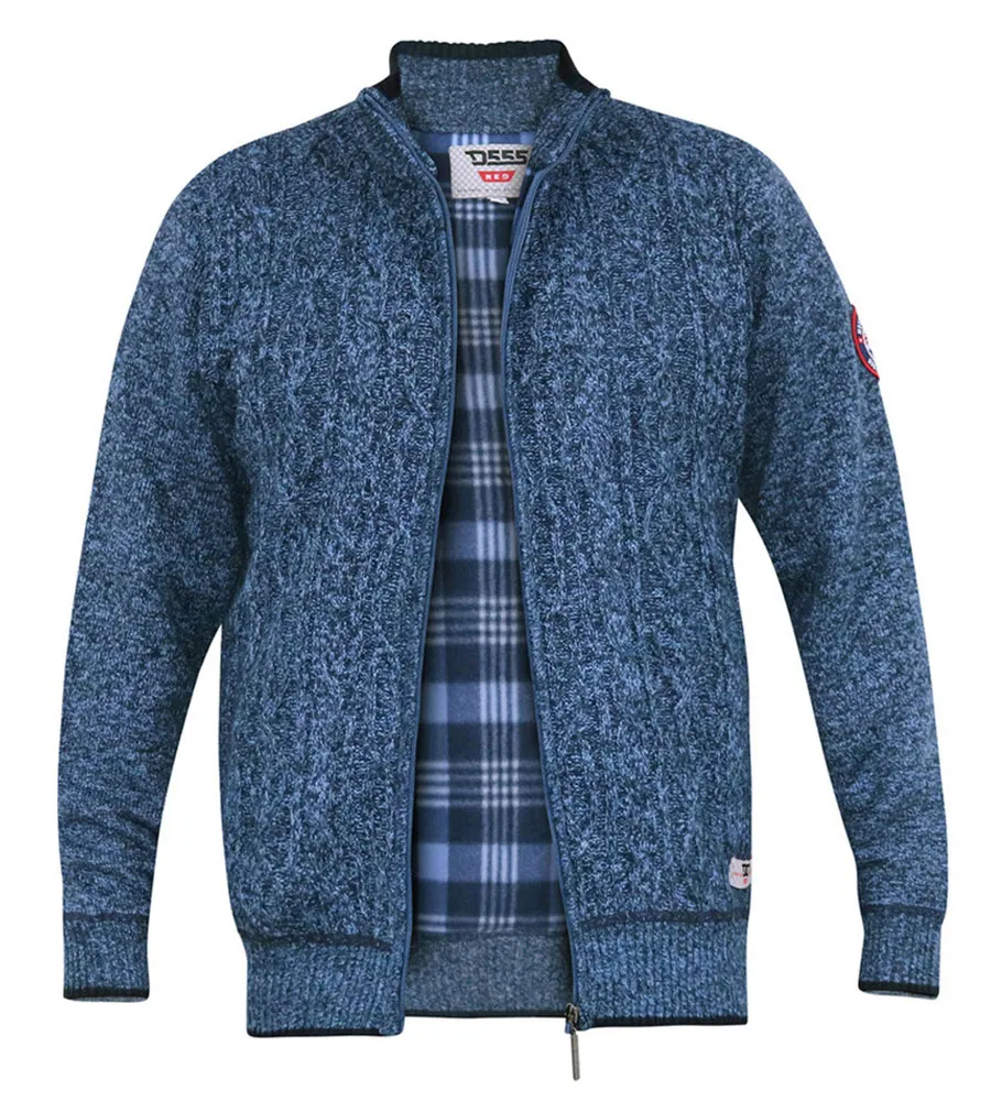 D555 Big Mens Blue Cable Knit Sweater with Zip and Bonded Check Lining ECCLES