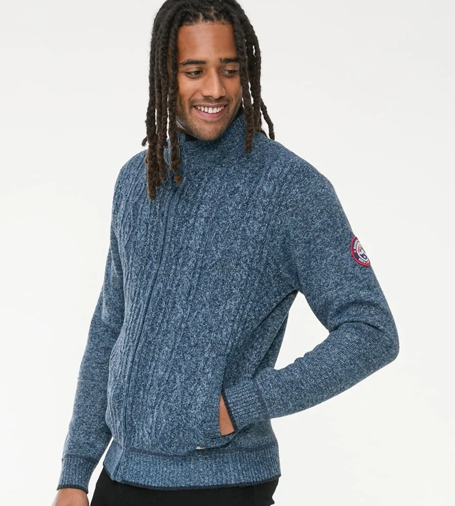 D555 Mens Blue Cable Knit Sweater with Zip and Bonded Check Lining ECCLES