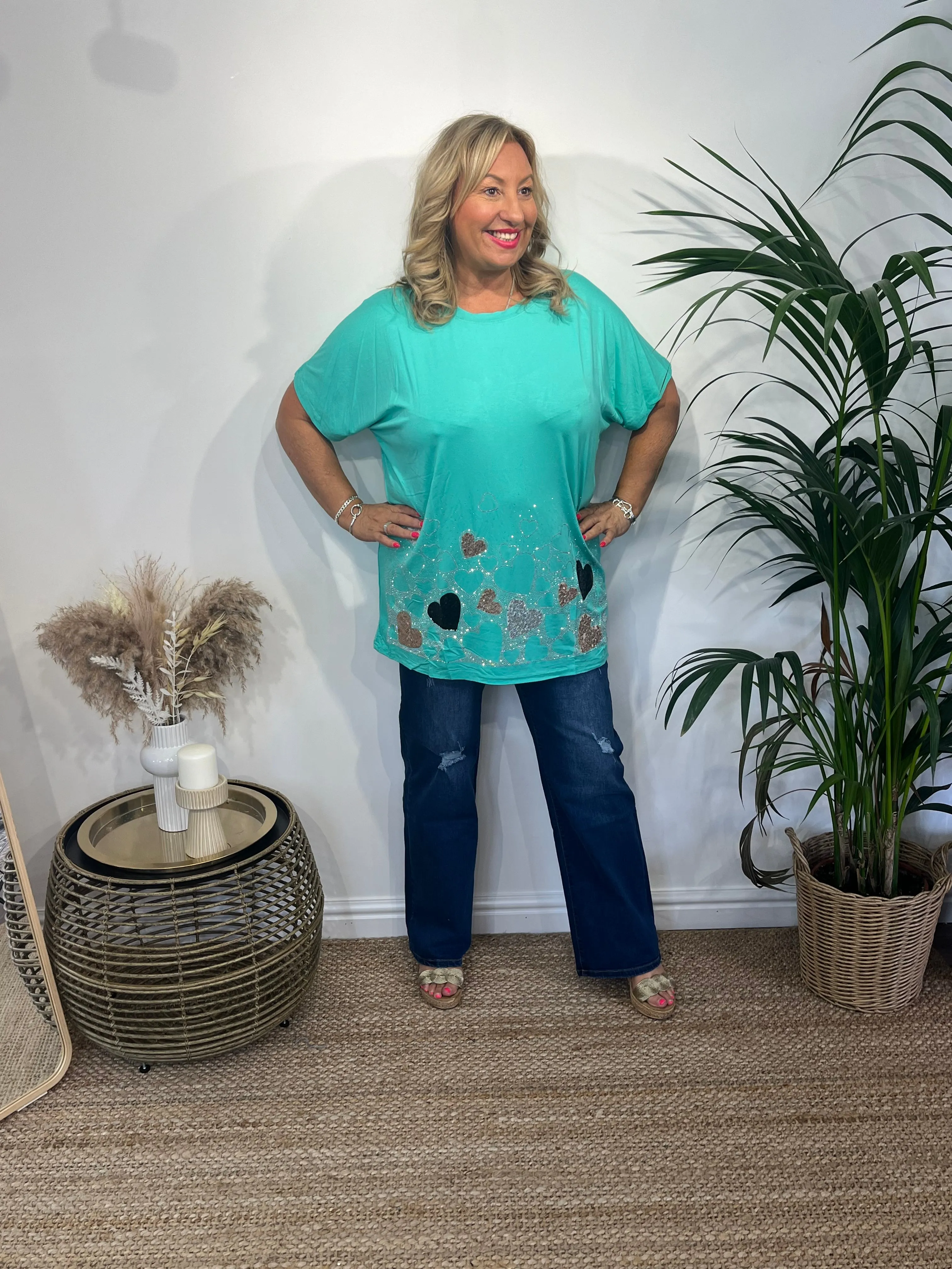 DALLAS Heart Print T-Shirt with Diamante Detail