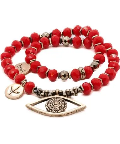 Ebru Jewelry Women's Gold / Red Christmas Energy Evil Eye & Heal Charm Red Double Wrap Bracelet
