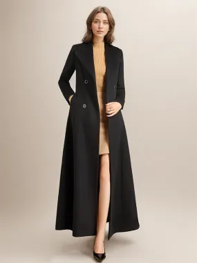 Woolen Coat with Lapel, Long Sleeves, Pockets, Belt, Full Length Coat