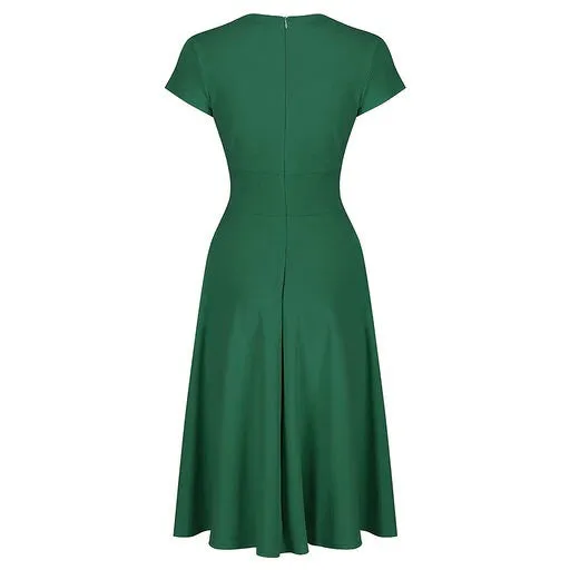 Emerald Green A Line Vintage Crossover Capped Sleeve Tea Swing Dress