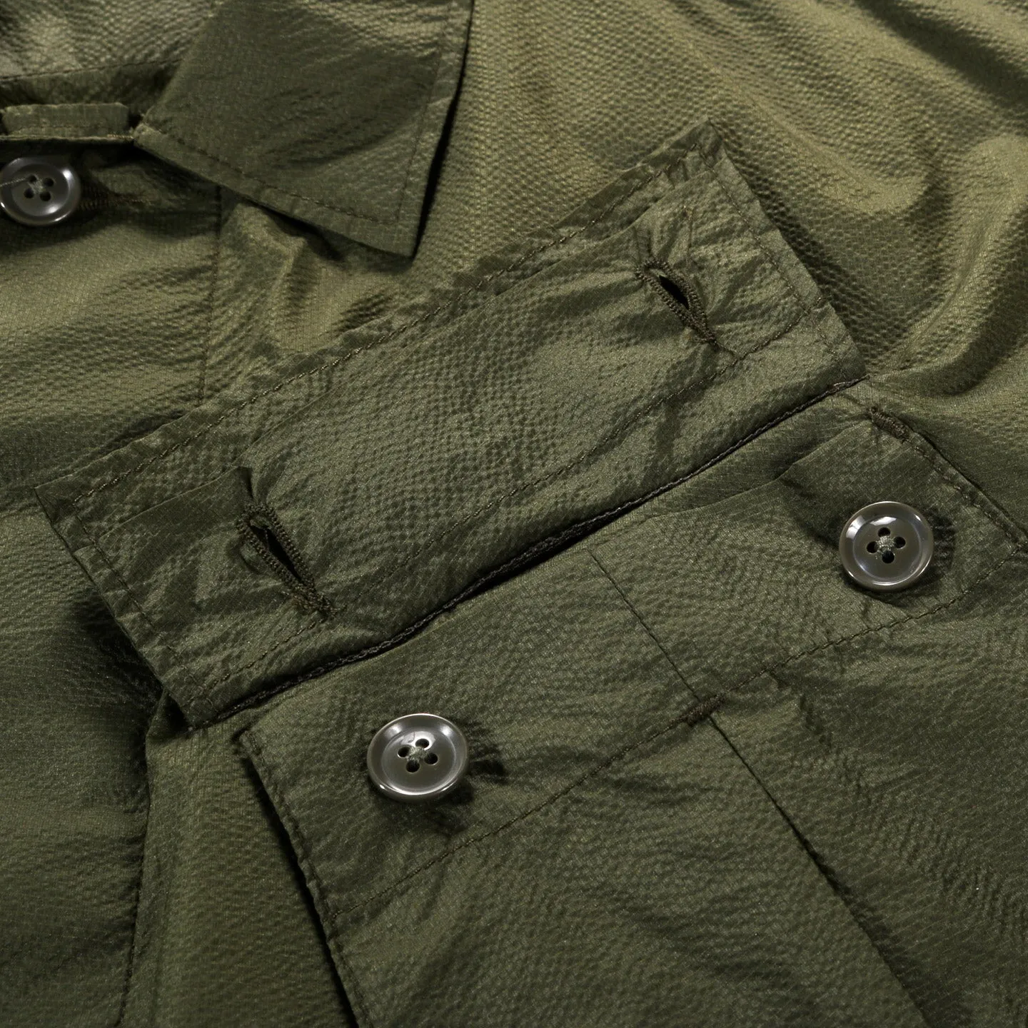 Engineered Garments Olive Nylon Micro Ripstop Jungle Fatigue Jacket.