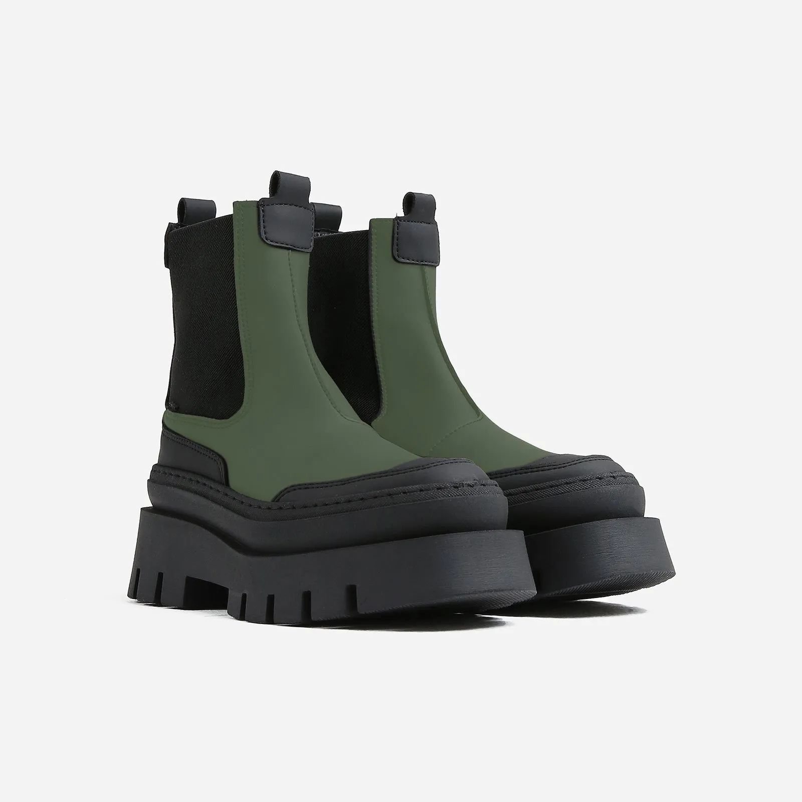 Evi Ann Khaki Black Biker Chelsea Boots can be rewritten as Stylish Khaki Black Biker Chelsea Boots by Evi Ann.