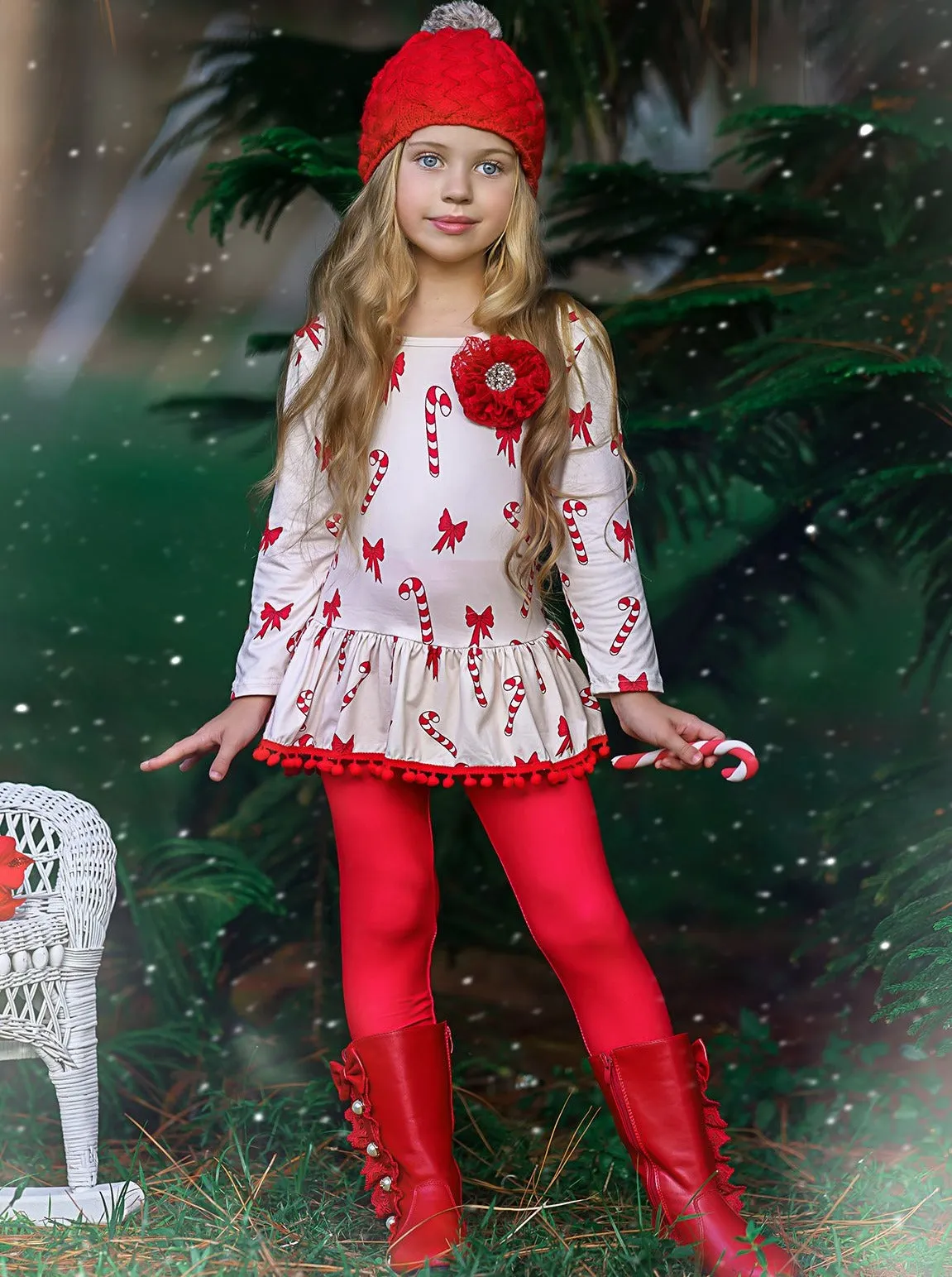 Girls Long Sleeve Printed Tunic with Ruffled Pom Pom Hem and Red Legging Set