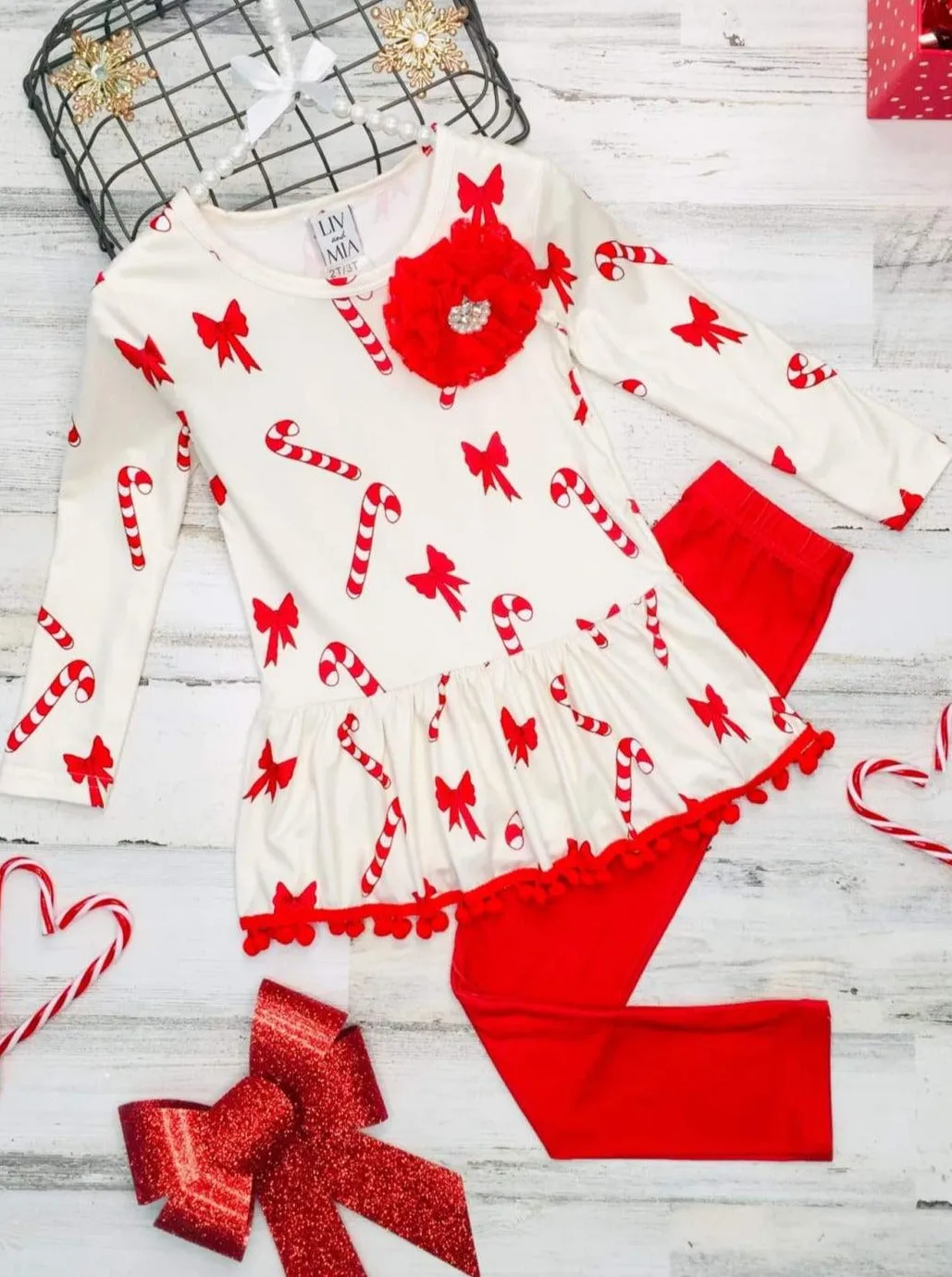 Girls Long Sleeve Printed Tunic with Ruffled Pom Pom Hem and Red Legging Set