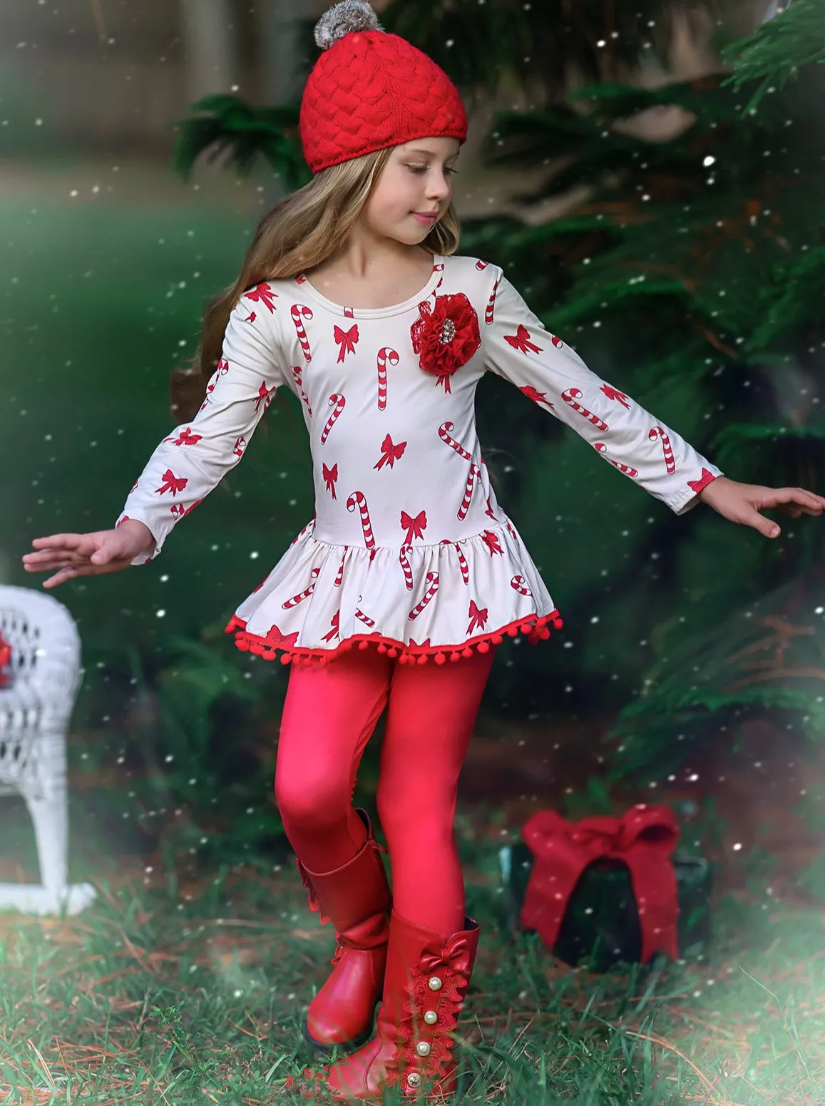 Girls Long Sleeve Printed Tunic with Ruffled Pom Pom Hem and Red Legging Set