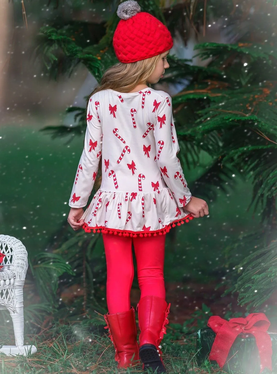 Girls Long Sleeve Printed Tunic with Ruffled Pom Pom Hem and Red Legging Set