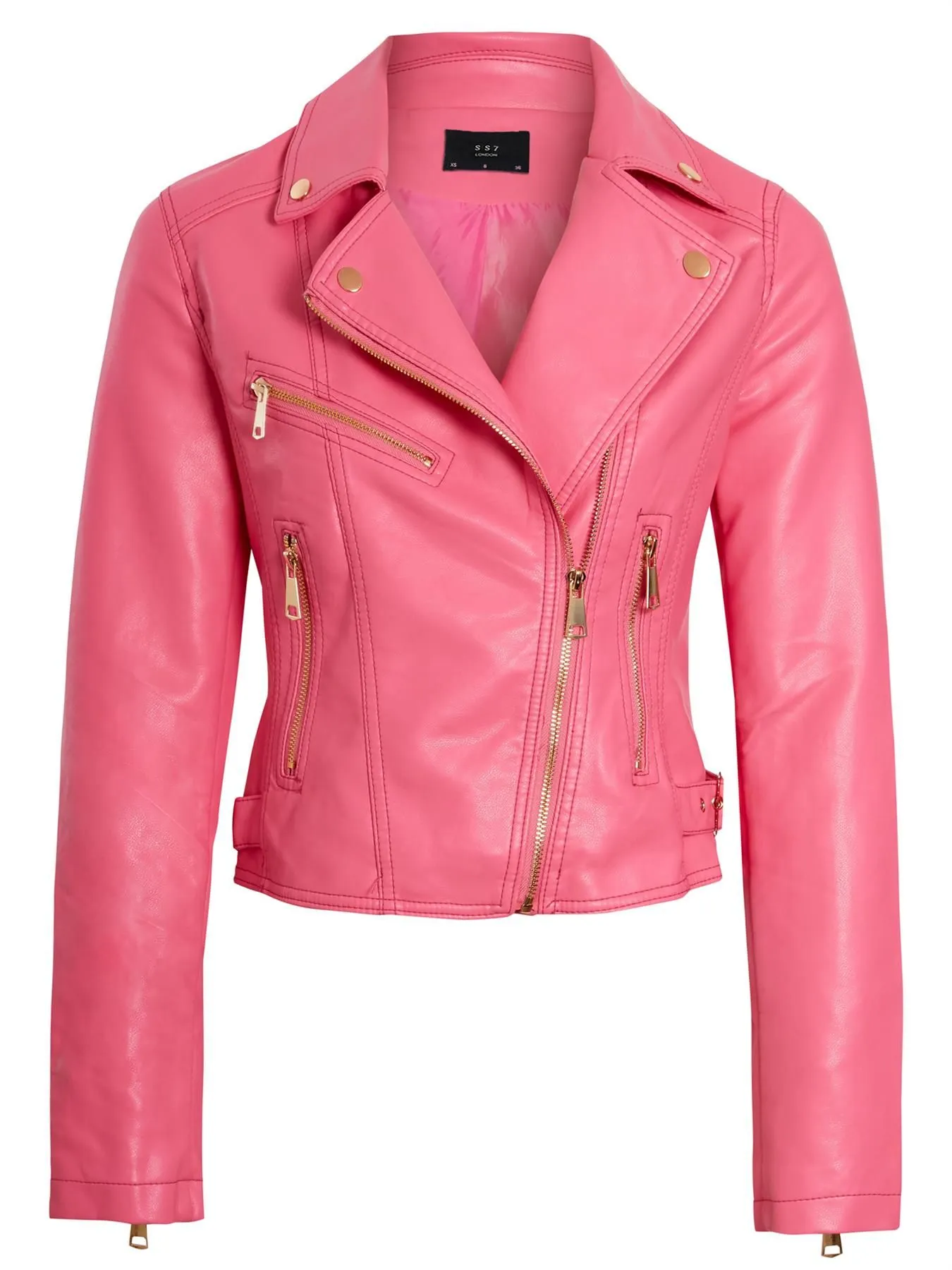 Gold Trim Faux Leather Biker Jacket Pink Black UK Sizes 8 to 14