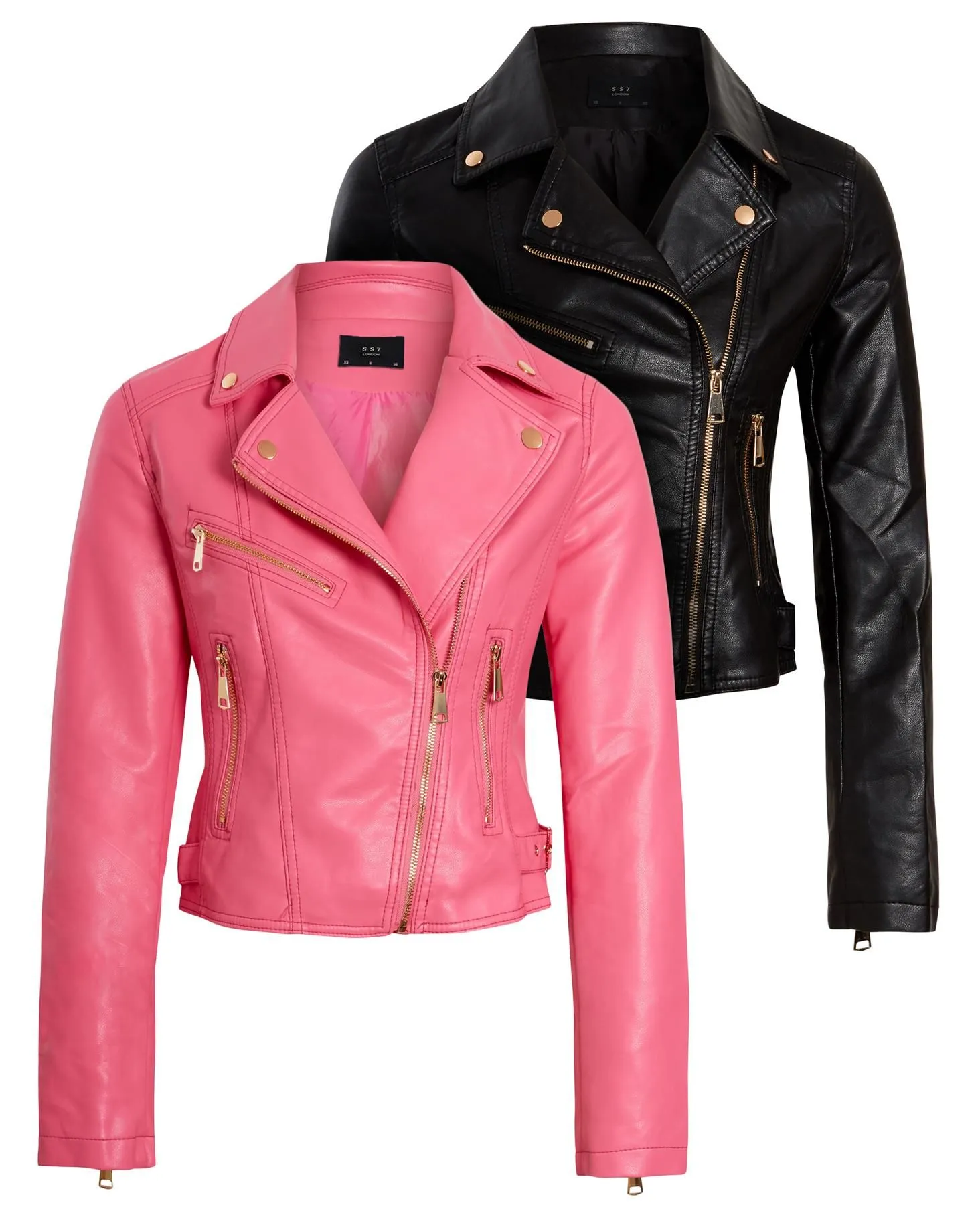 Gold Trim Faux Leather Biker Jacket Pink Black UK Sizes 8 to 14