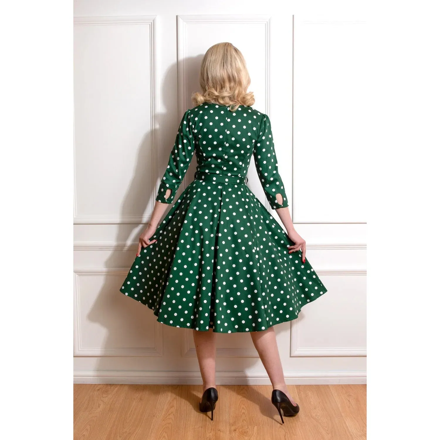 Green And White Polka Dot Vintage 50s 3/4 Sleeve Swing Dress By