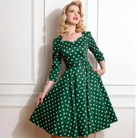 Green And White Polka Dot Vintage 50s 3/4 Sleeve Swing Dress By