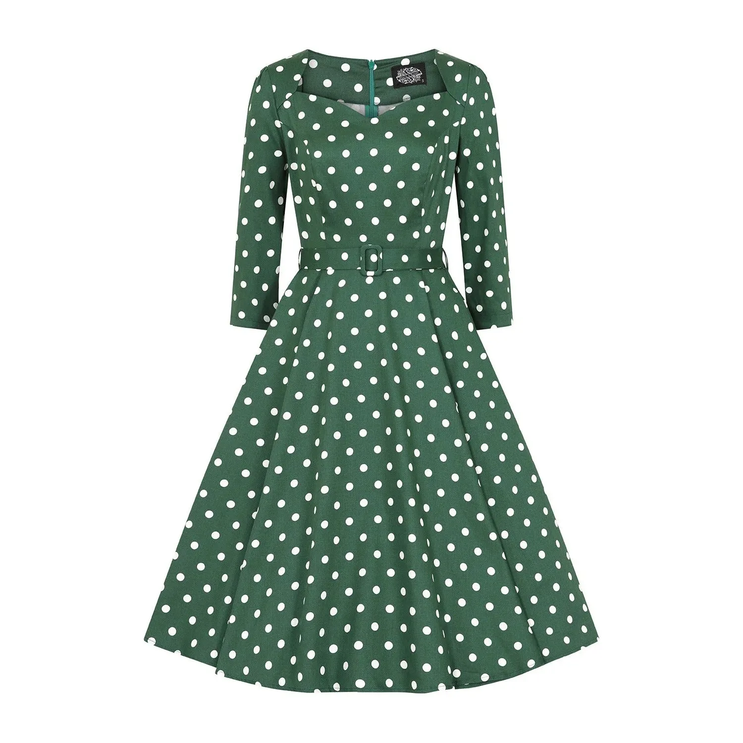 Green And White Polka Dot Vintage 50s 3/4 Sleeve Swing Dress By