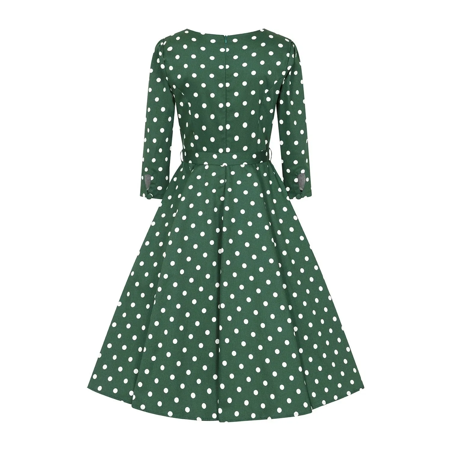 Green And White Polka Dot Vintage 50s 3/4 Sleeve Swing Dress By