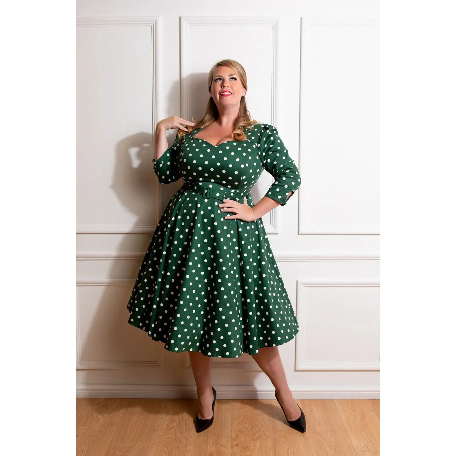 Green And White Polka Dot Vintage 50s 3/4 Sleeve Swing Dress By