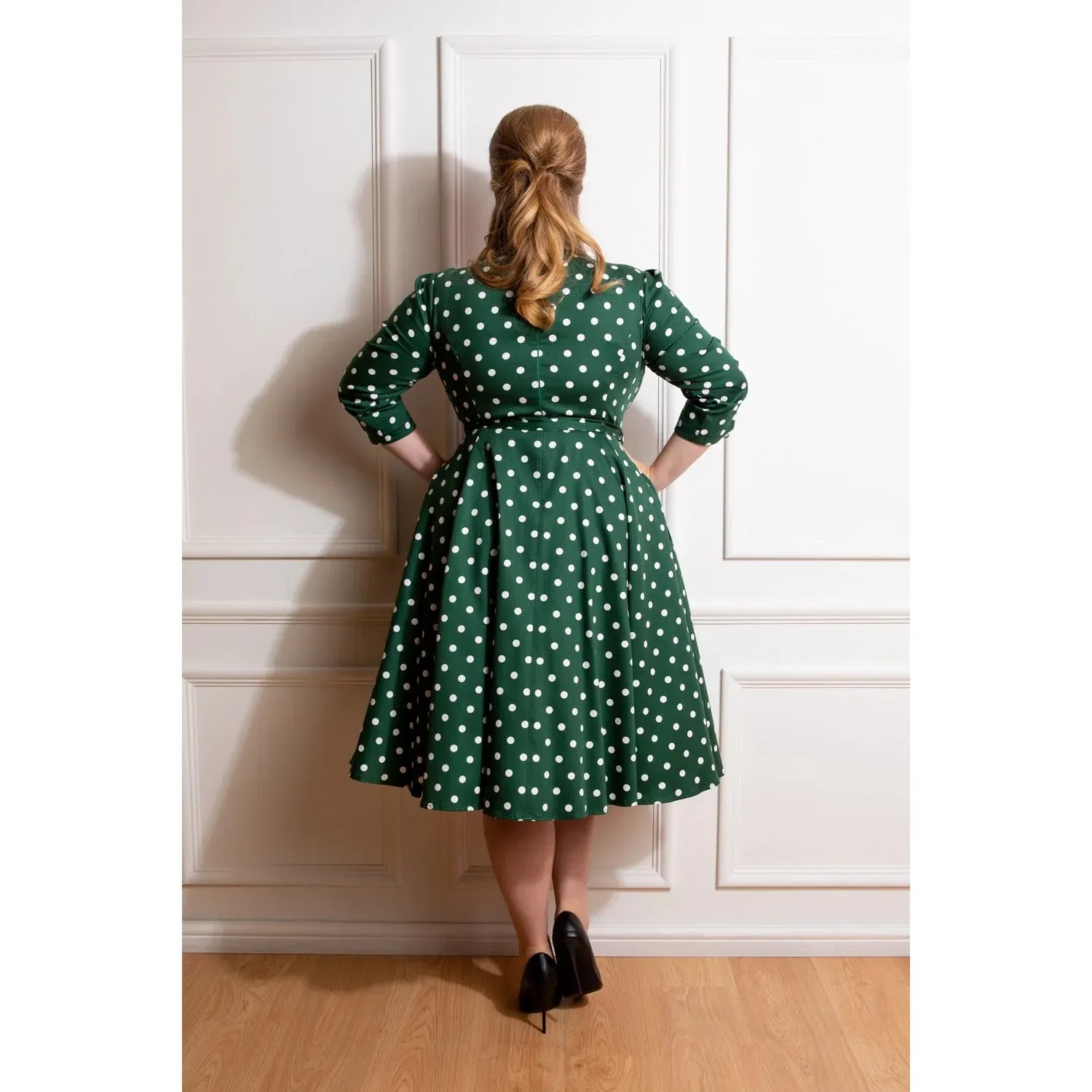 Green And White Polka Dot Vintage 50s 3/4 Sleeve Swing Dress By