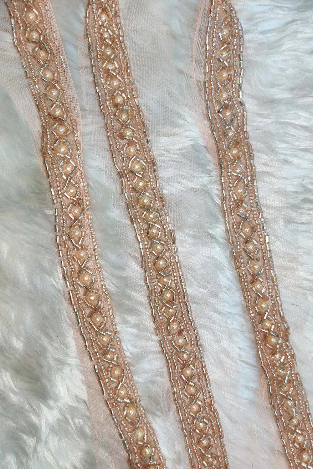 Handcrafted Golden Beads and Pearl Lace Trim: 9m Roll