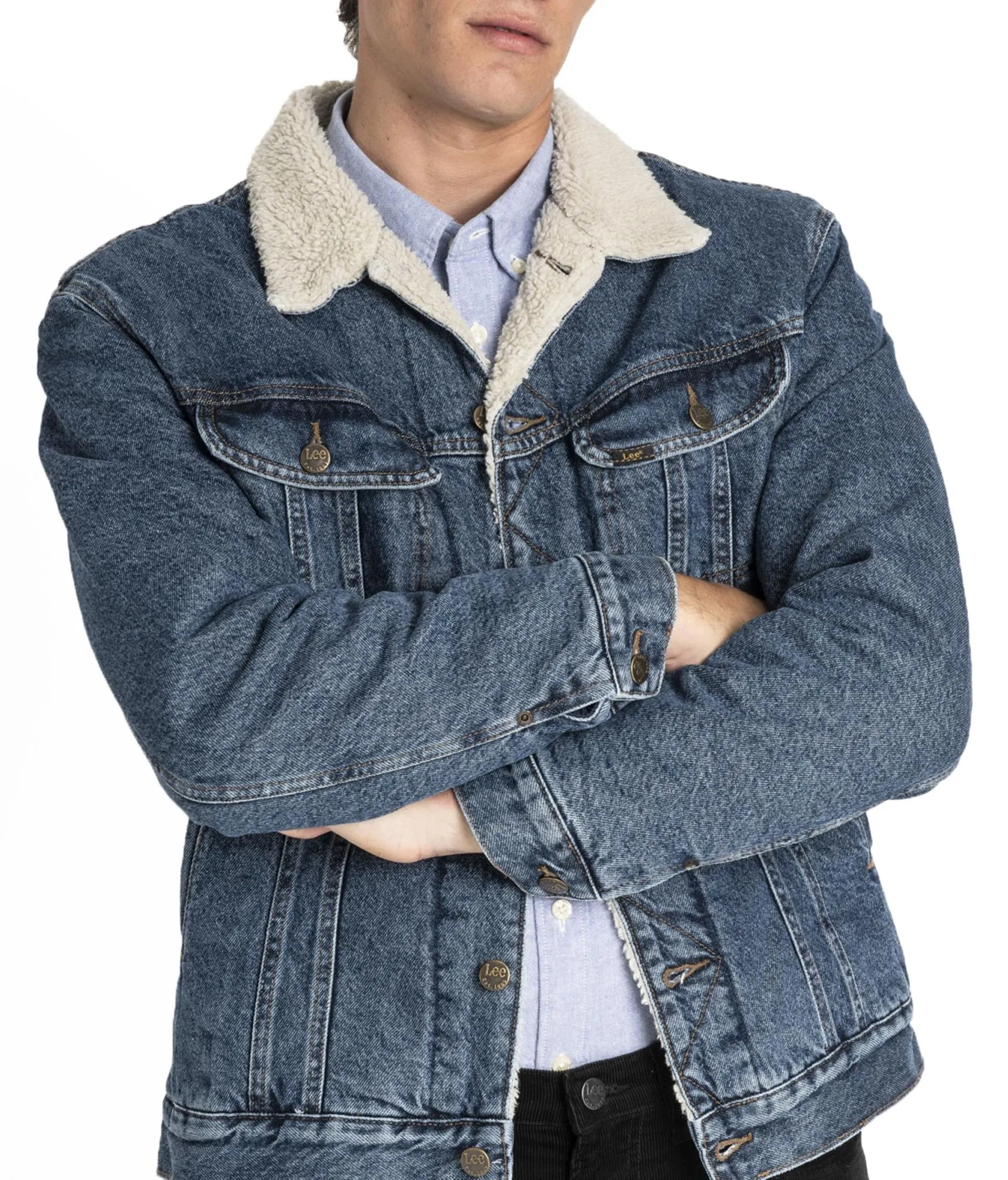 Lee Sherpa Denim Trucker Jacket in Dark Stone