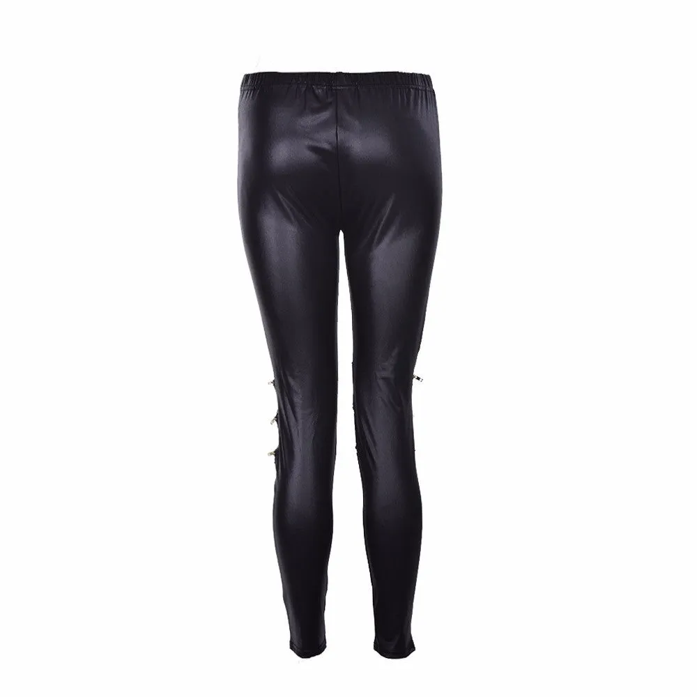 Women's Slim Fit Pencil Leggings, Zipper Detail, Hollow Out Design, Straight Leg Casual Wear - SM6