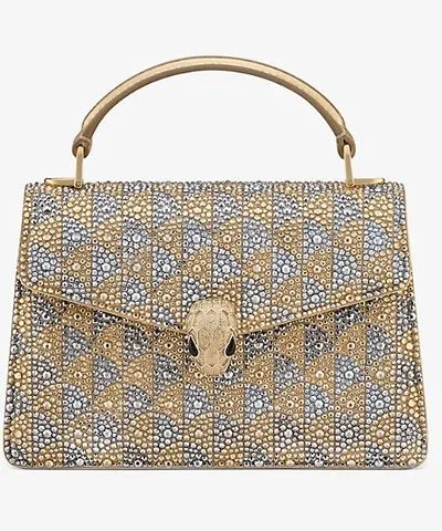 Light Gold Serpenti Forever Mini Crystal Embellished Leather Top-Handle Bag